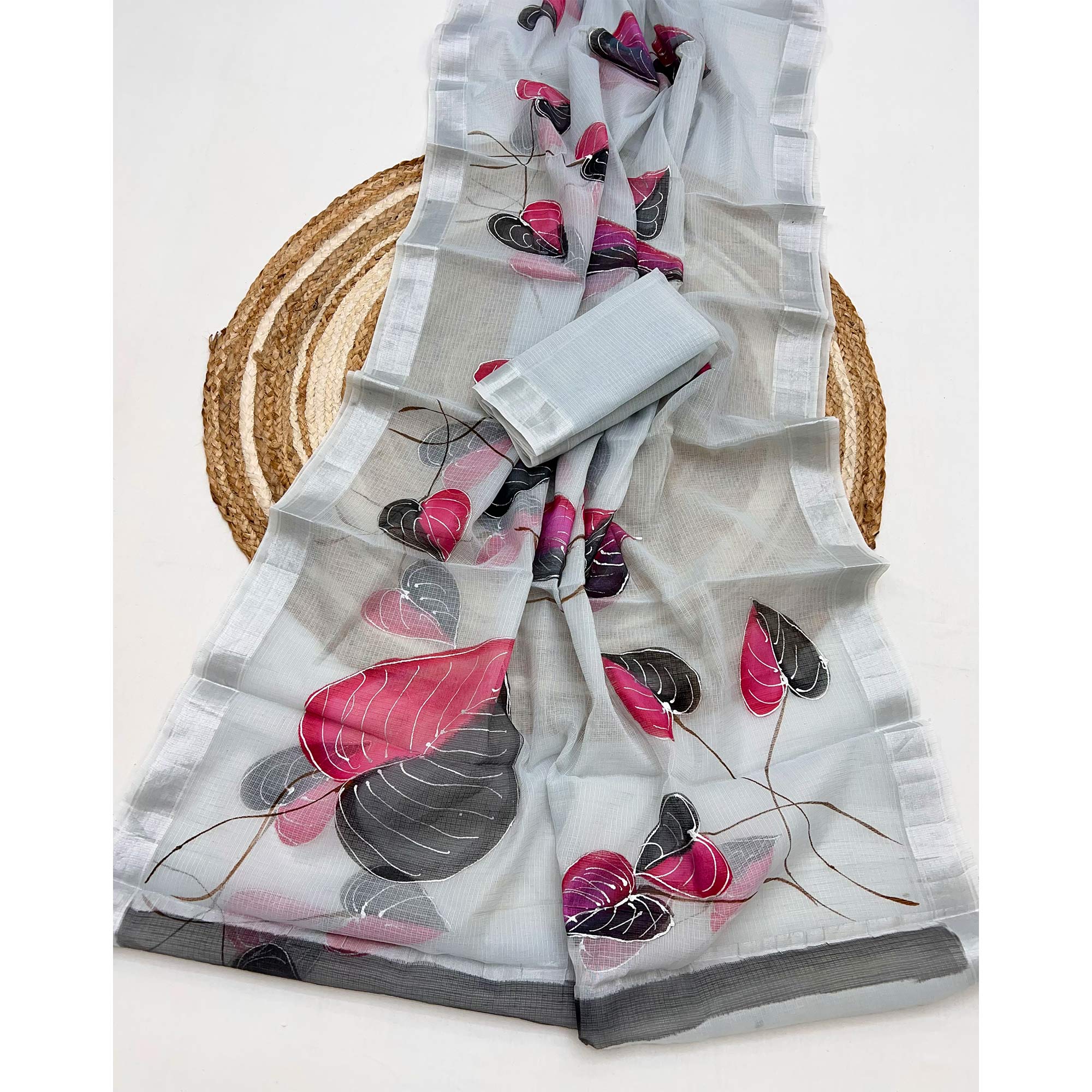 Grey Floral Brush-Work Kota Doria Saree with a Soft and Breezy Texture