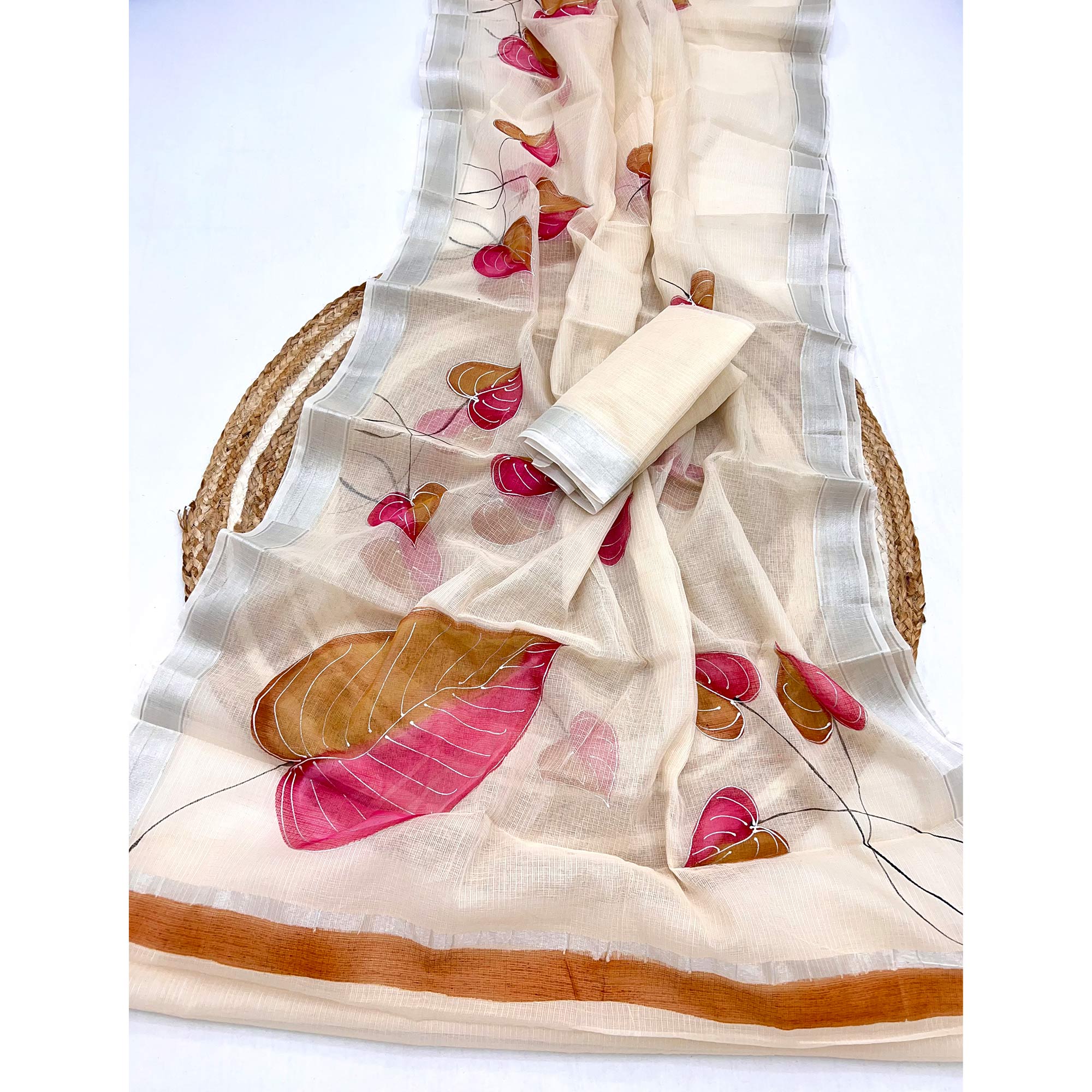 Off White Floral Brush-Work Kota Doria Saree with a Soft and Breezy Texture