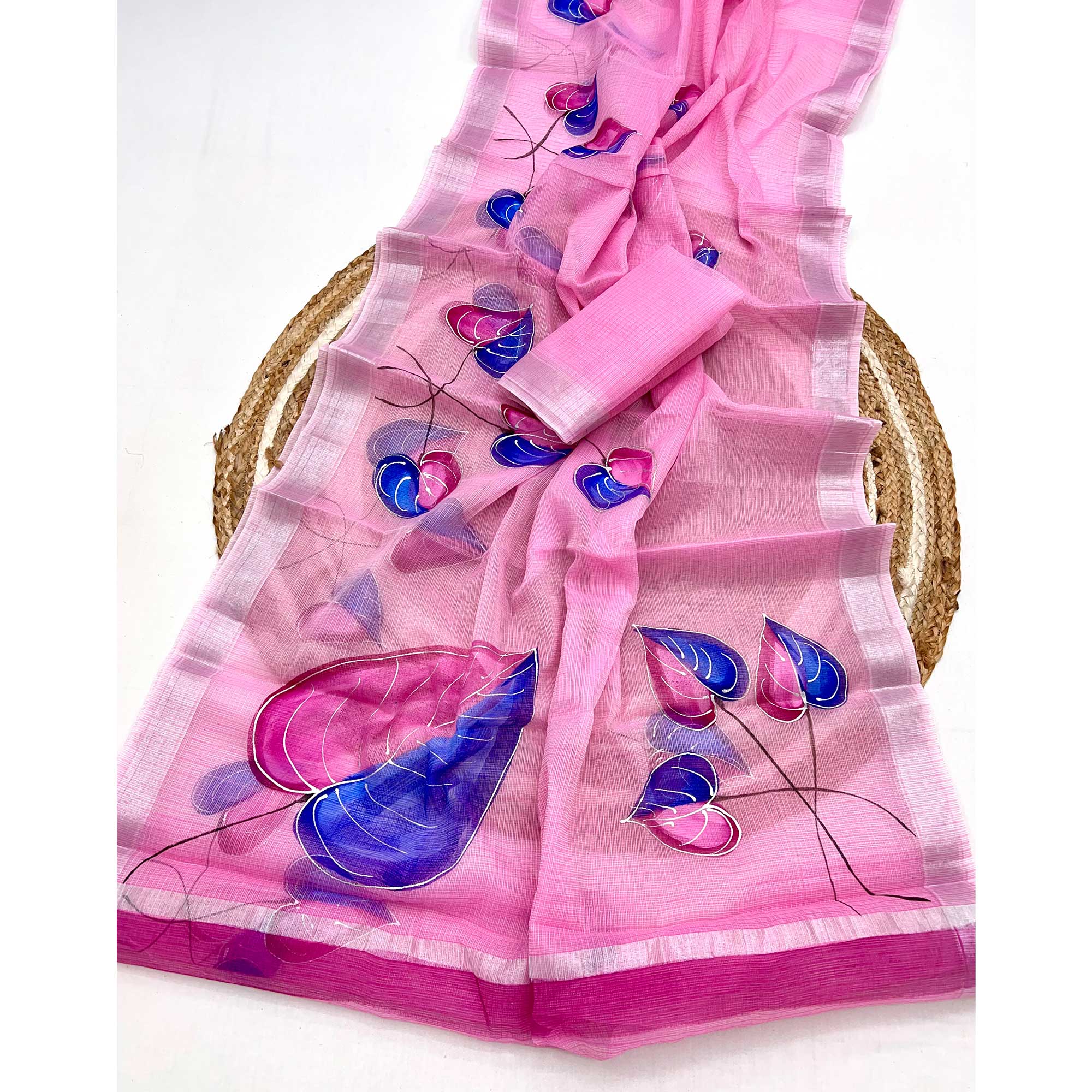 Pink Floral Brush-Work Kota Doria Saree with a Soft and Breezy Texture