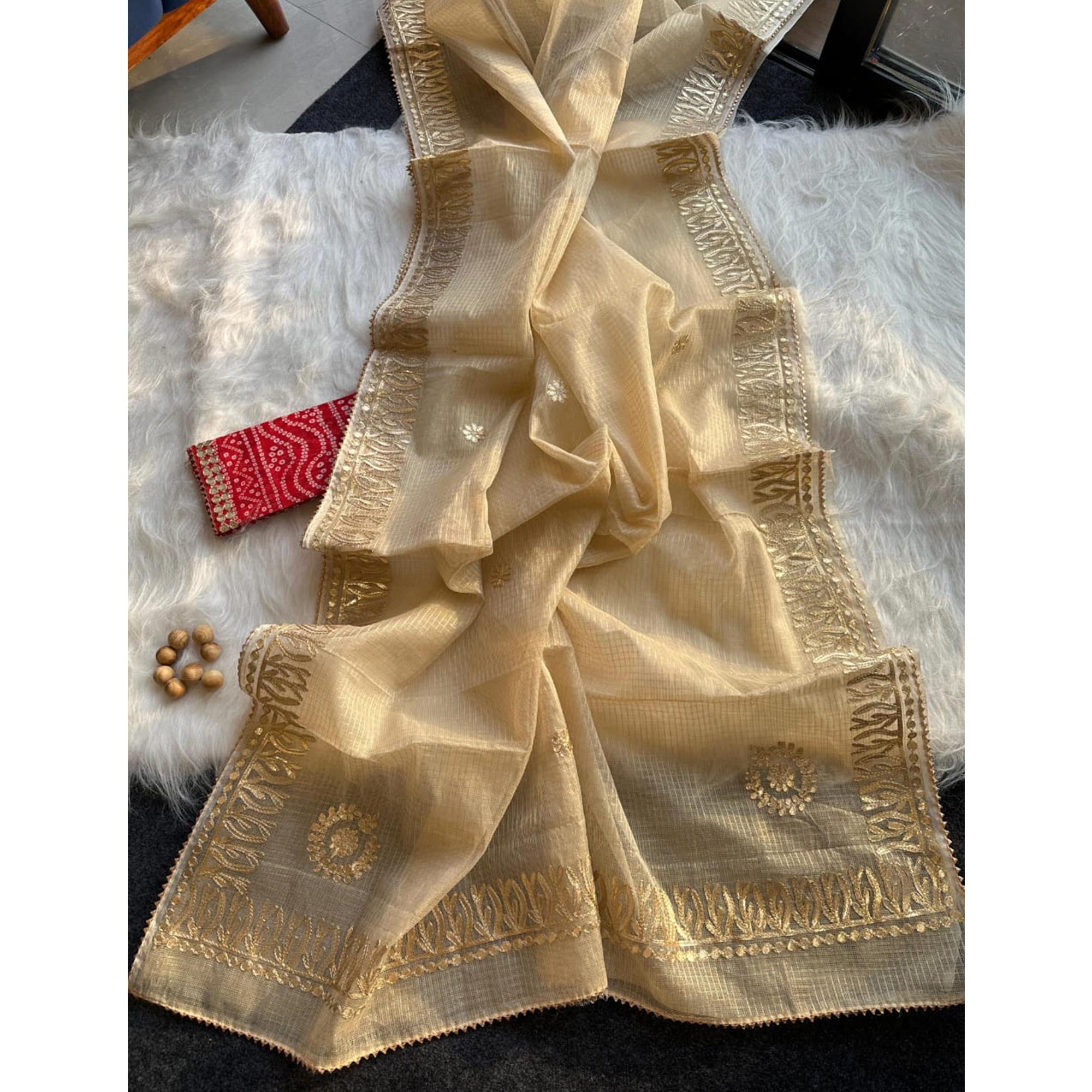 Beige Festive Kota Doria Saree Decorated with Classic Gota Work Embroidery
