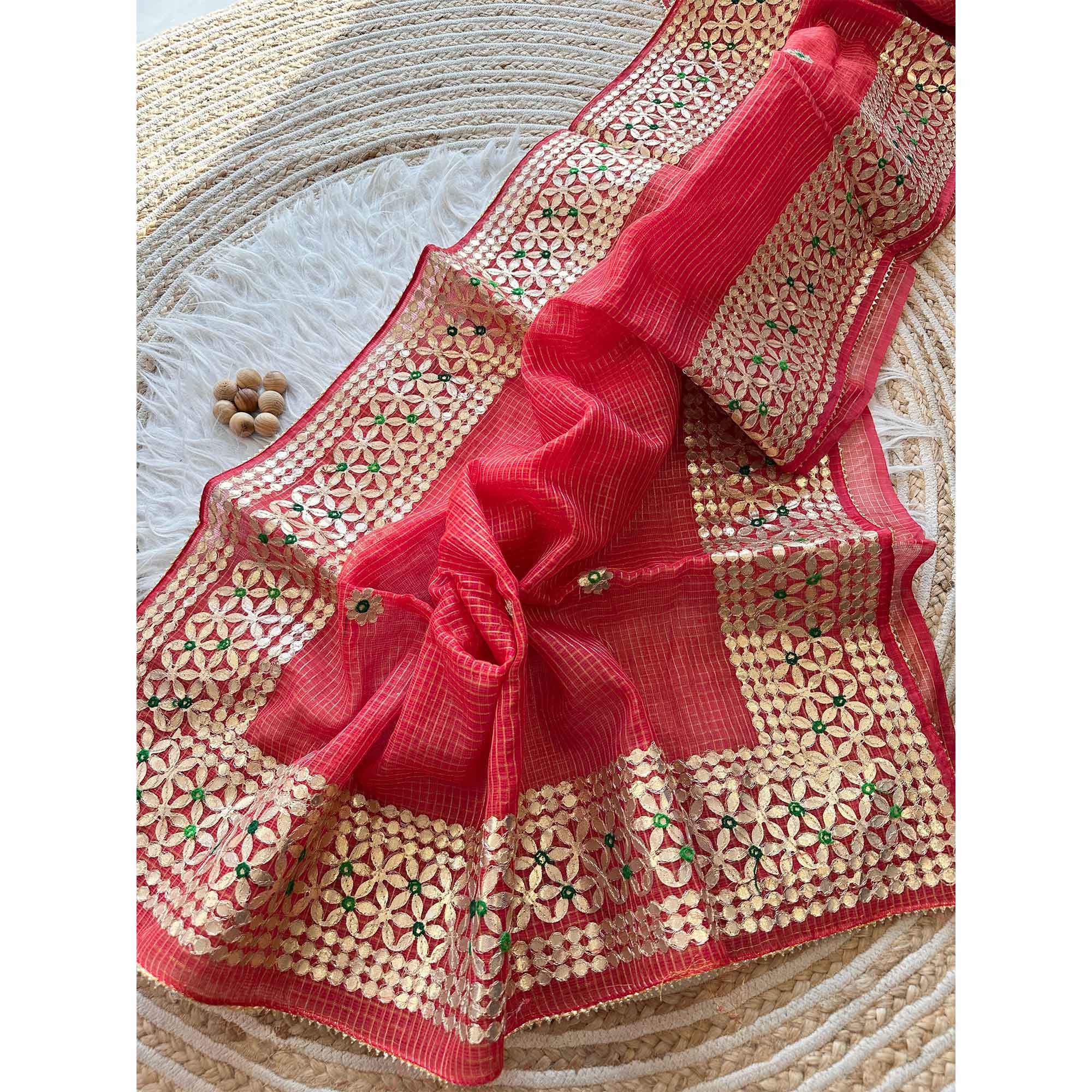 Red Ethnic Kota Doria Saree Designed with Beautiful Traditional Gota Embroidery