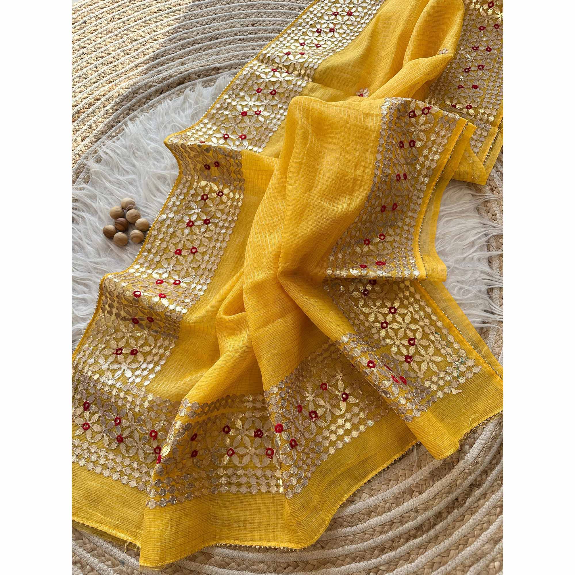 Yellow Ethnic Kota Doria Saree Designed with Beautiful Traditional Gota Embroidery