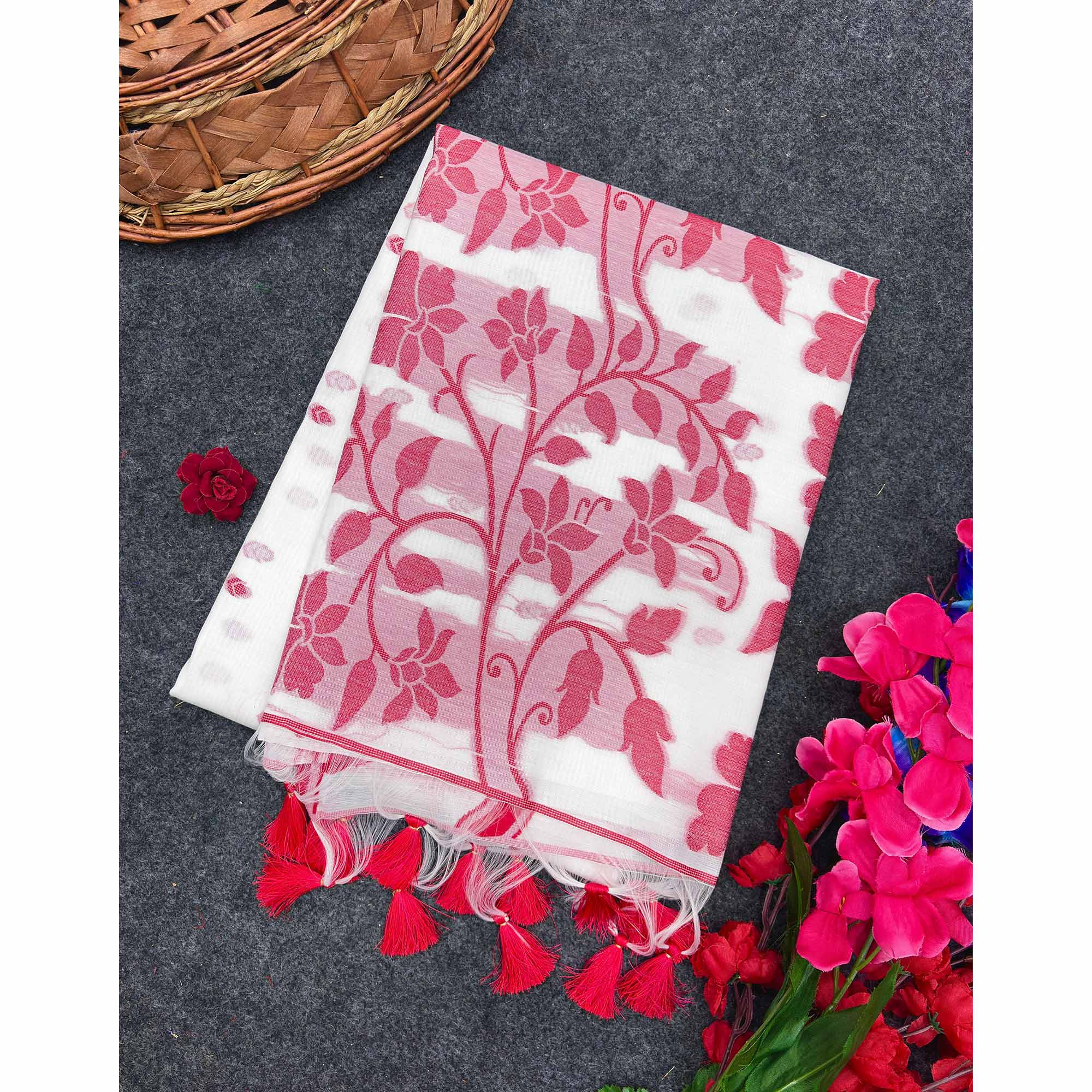 White and Red Floral Weaving Muga Cotton Silk Saree Crafted with Elegant Detailing and Classic Appeal