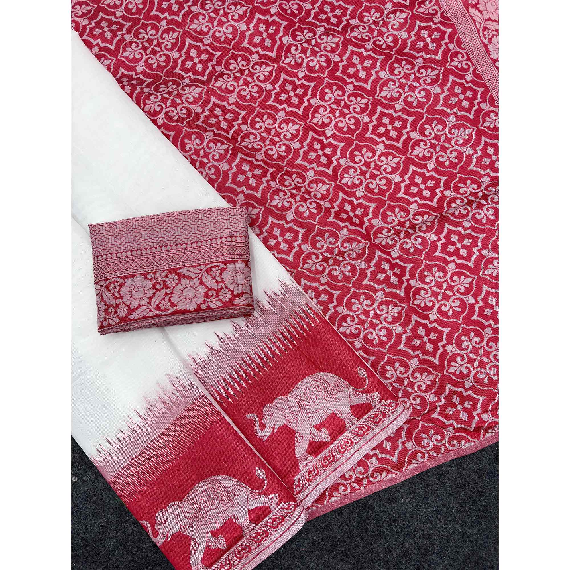 White and Red Traditional Weaving Muga Cotton Silk Saree Designed with Classic Craftsmanship