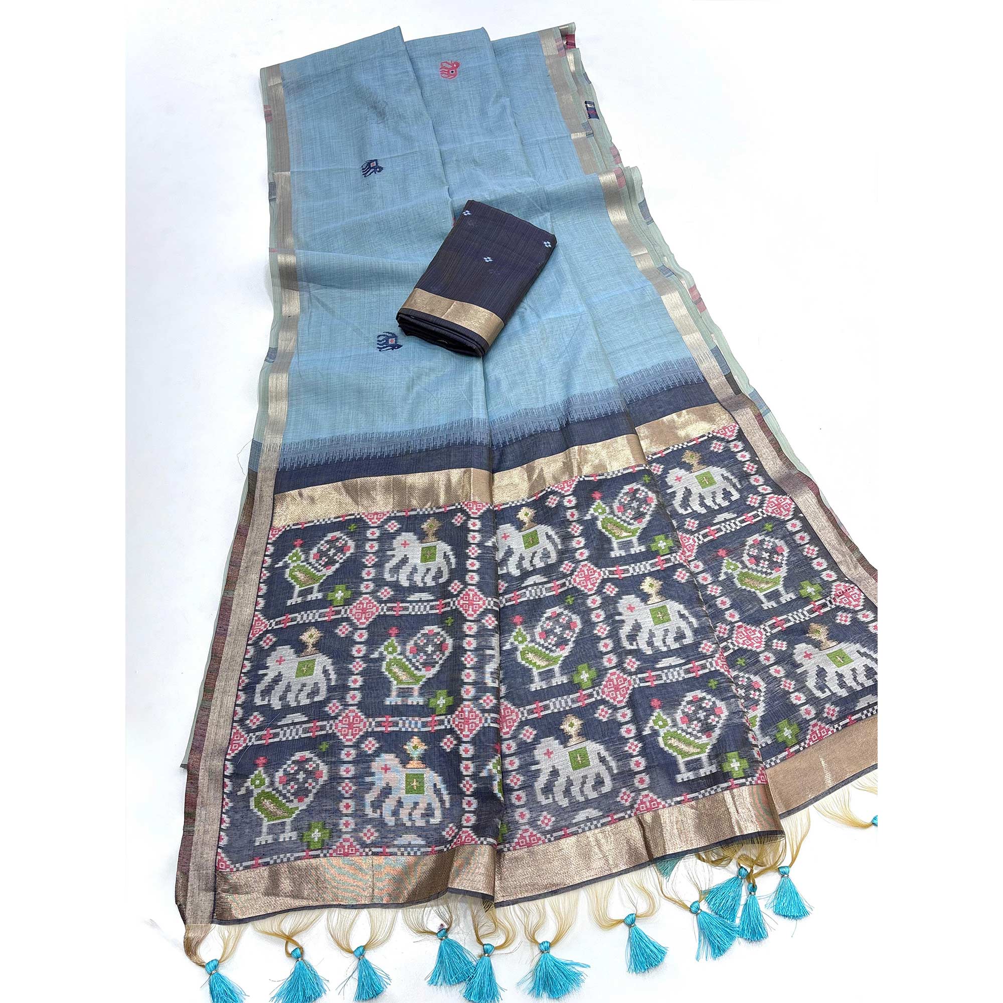 Blue Muga Cotton Silk Saree with Traditional Patola Woven Pallu Design