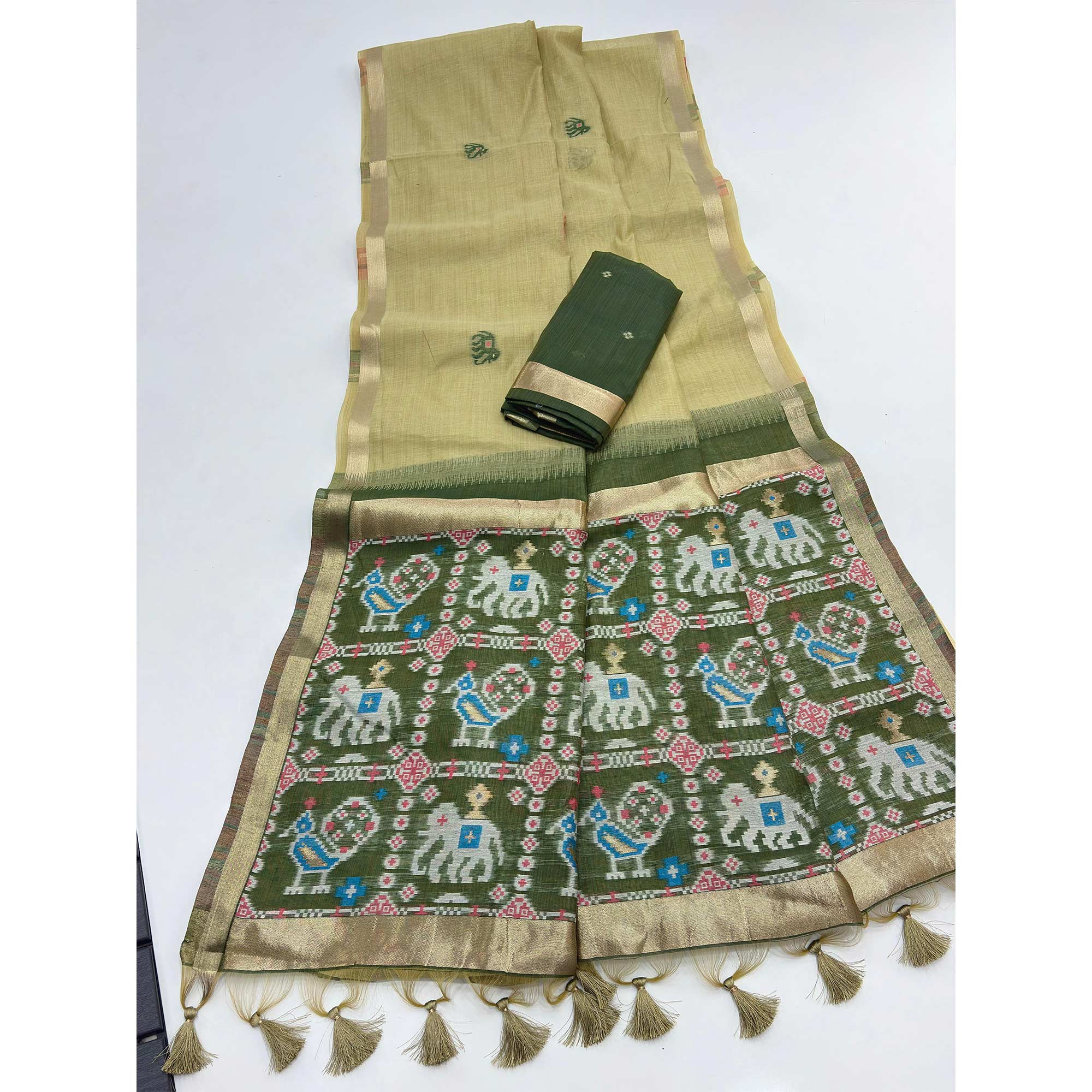 Green Muga Cotton Silk Saree with Traditional Patola Woven Pallu Design