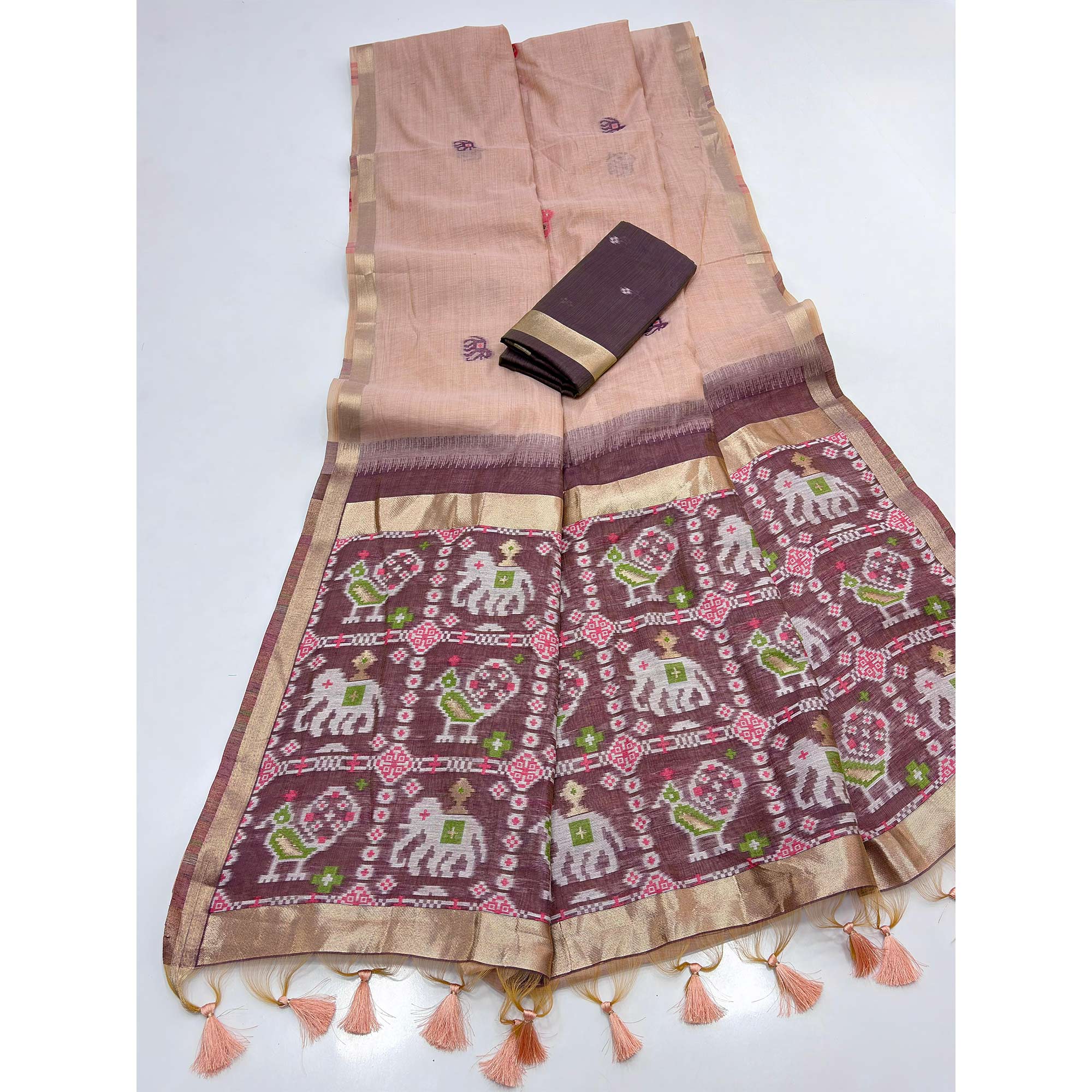 Peach Muga Cotton Silk Saree with Traditional Patola Woven Pallu Design