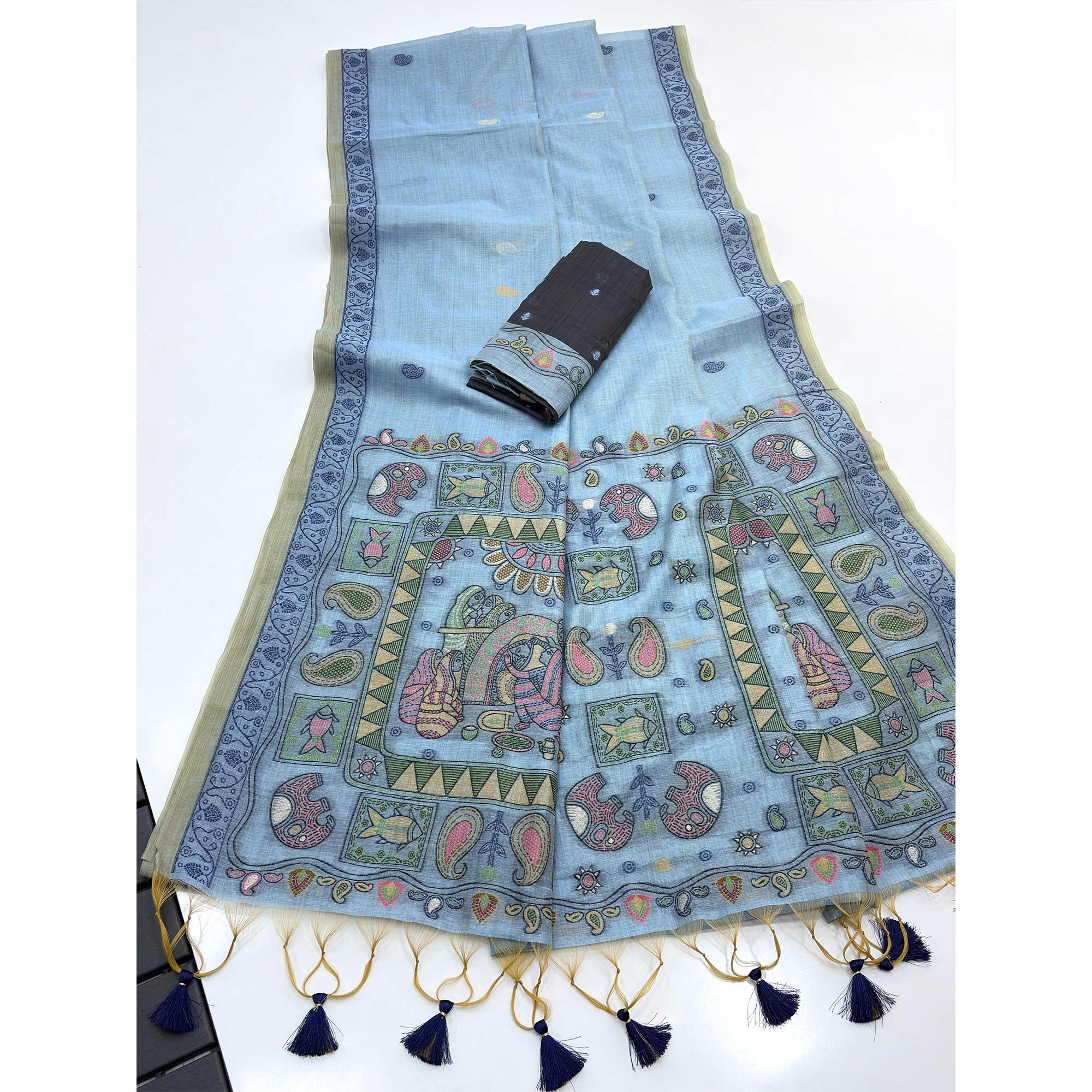 Blue Woven Muga Cotton Silk Saree In Kalamkari Motifs On Pallu