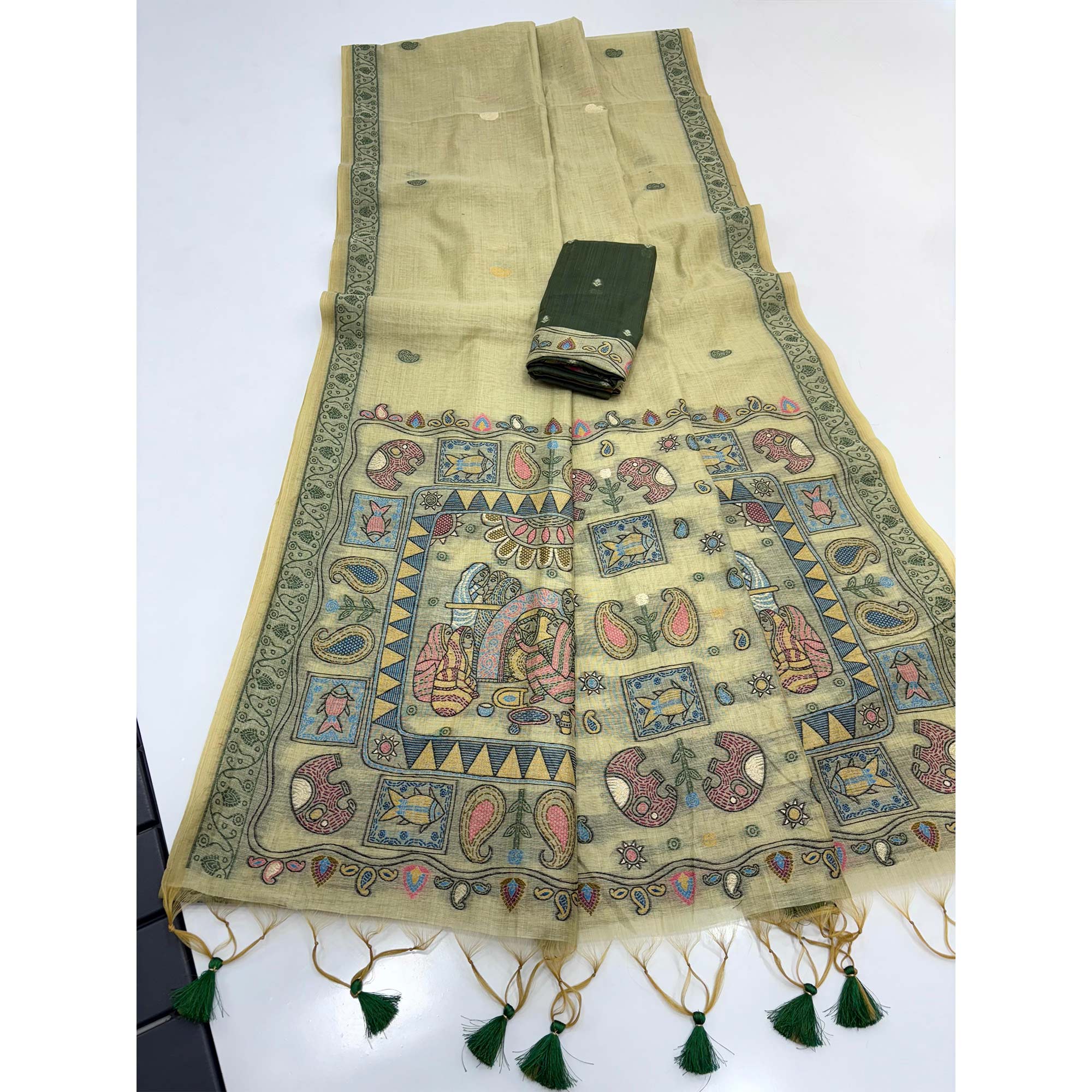 Green Woven Muga Cotton Silk Saree In Kalamkari Motifs On Pallu