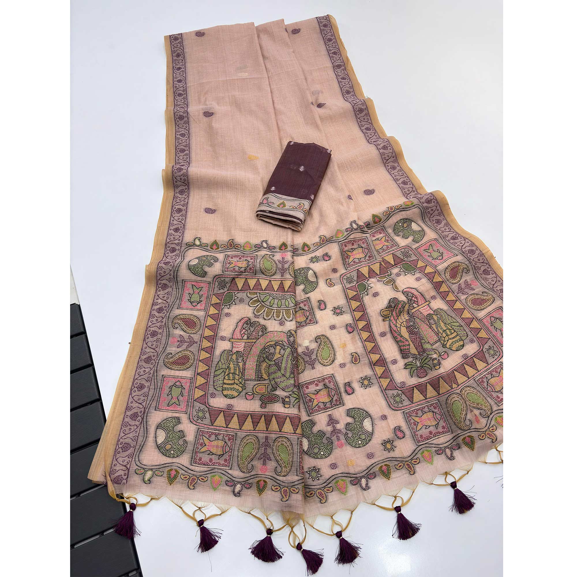 Peach Woven Muga Cotton Silk Saree In Kalamkari Motifs On Pallu