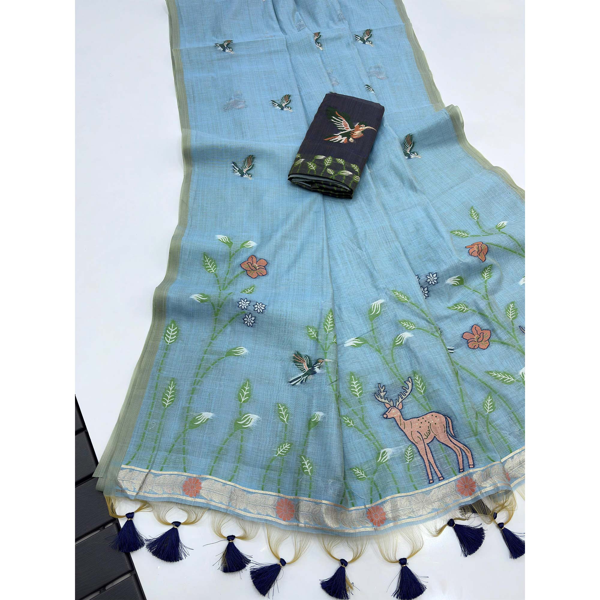 Blue Floral Handloom Muga Cotton Silk Saree with Artisanal Weave