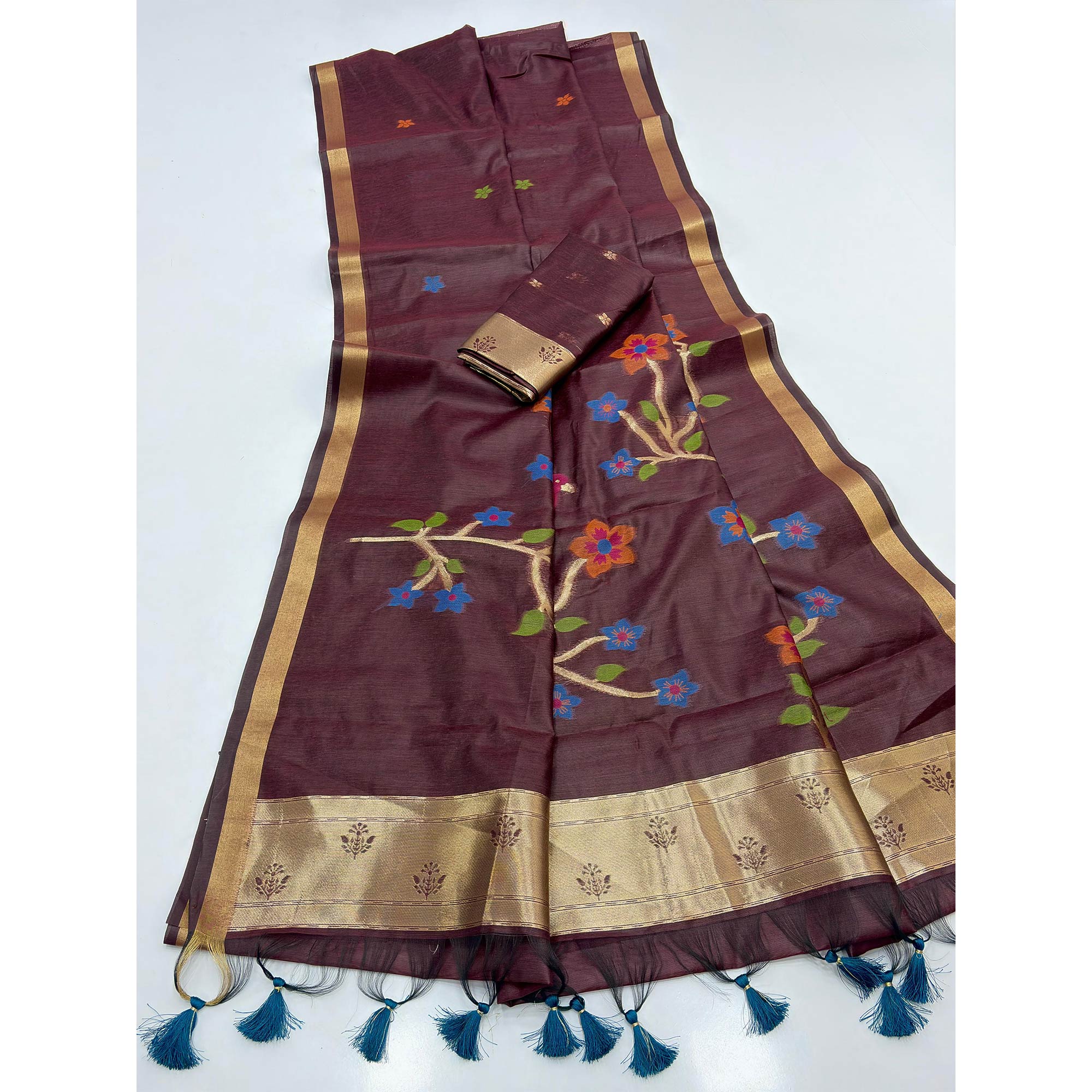 Burgundy Floral Handloom Muga Cotton Silk Saree with Traditional Charm