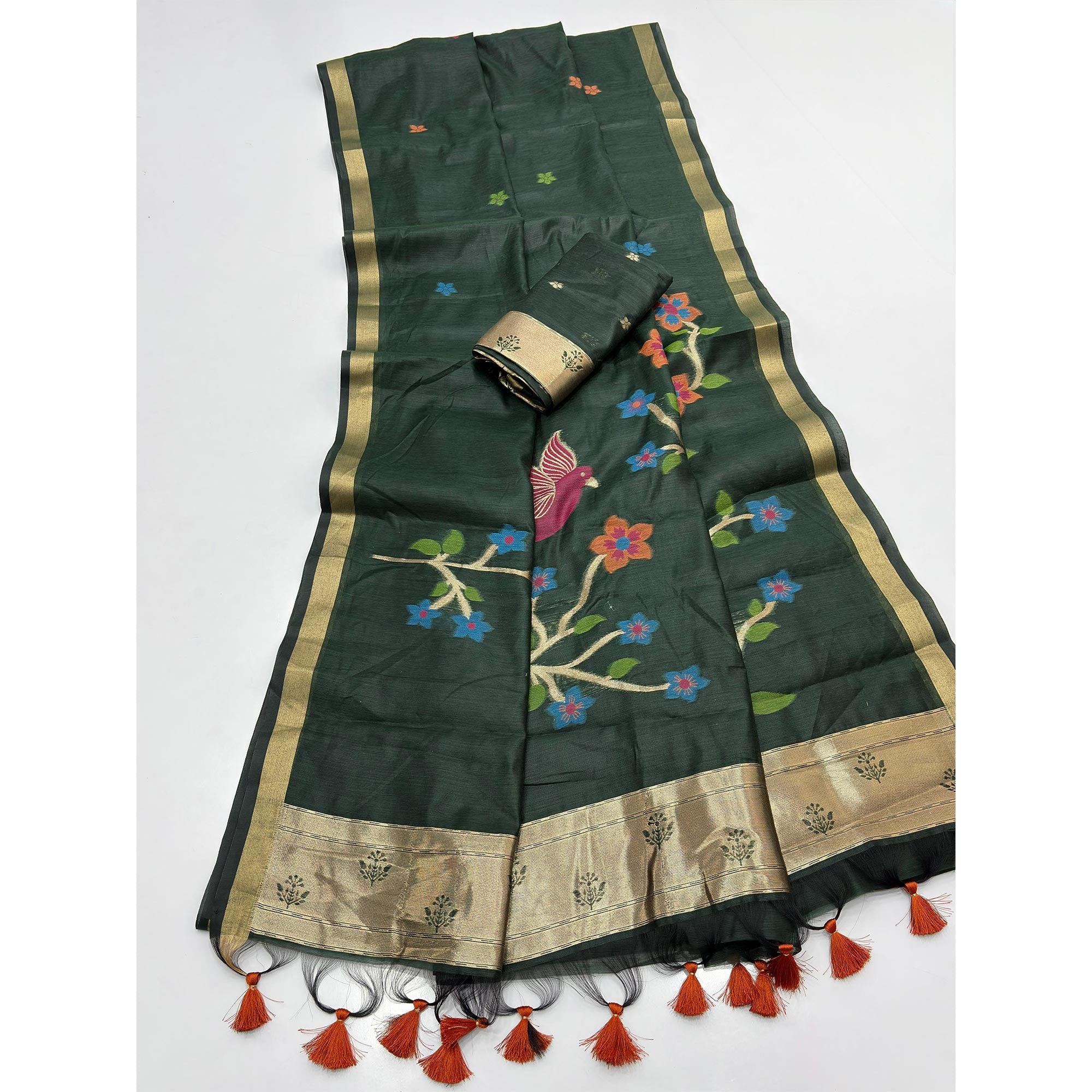 Green Floral Handloom Muga Cotton Silk Saree with Traditional Charm