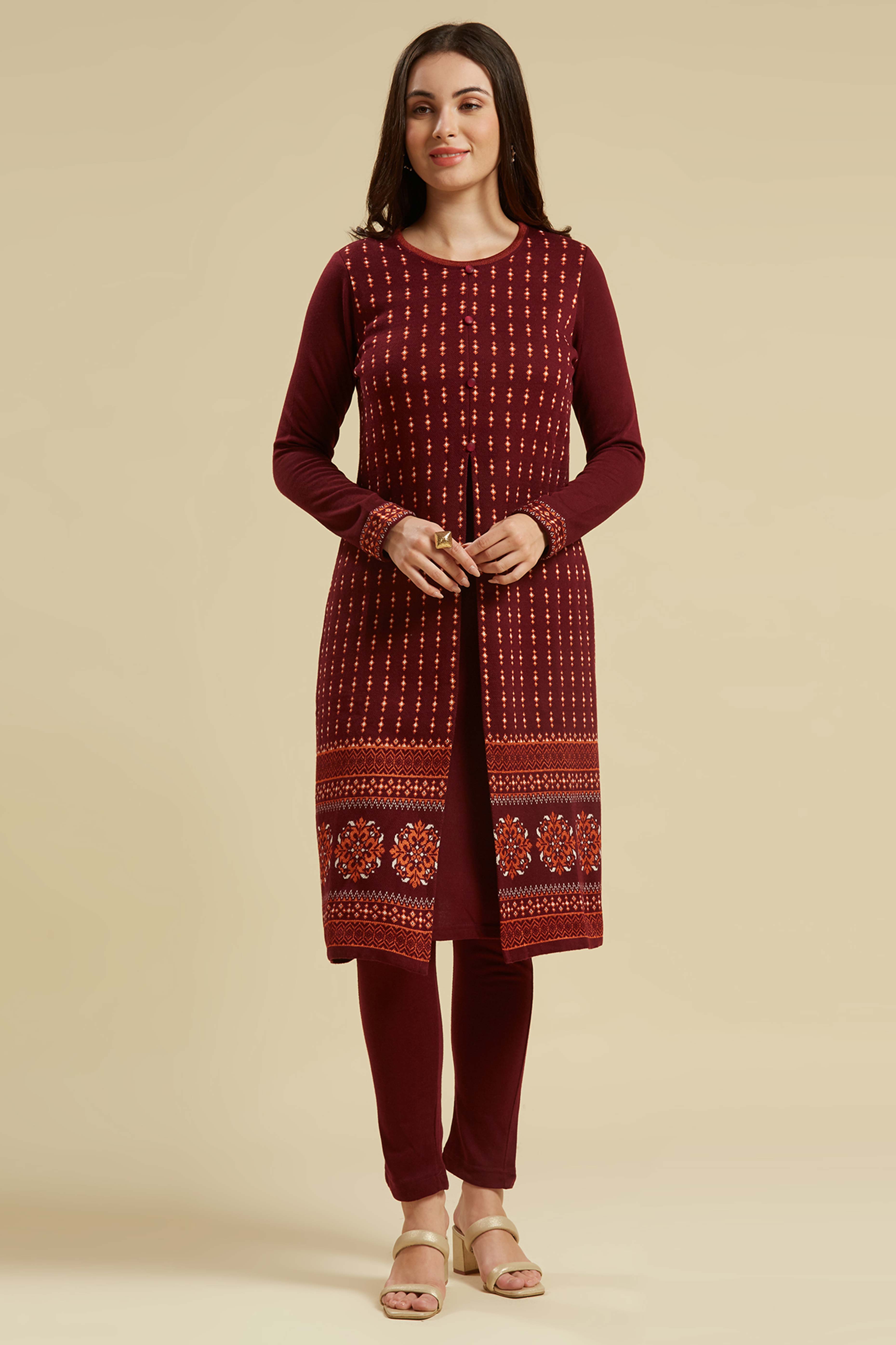 Wine Floral Woolen Top Bottom Set