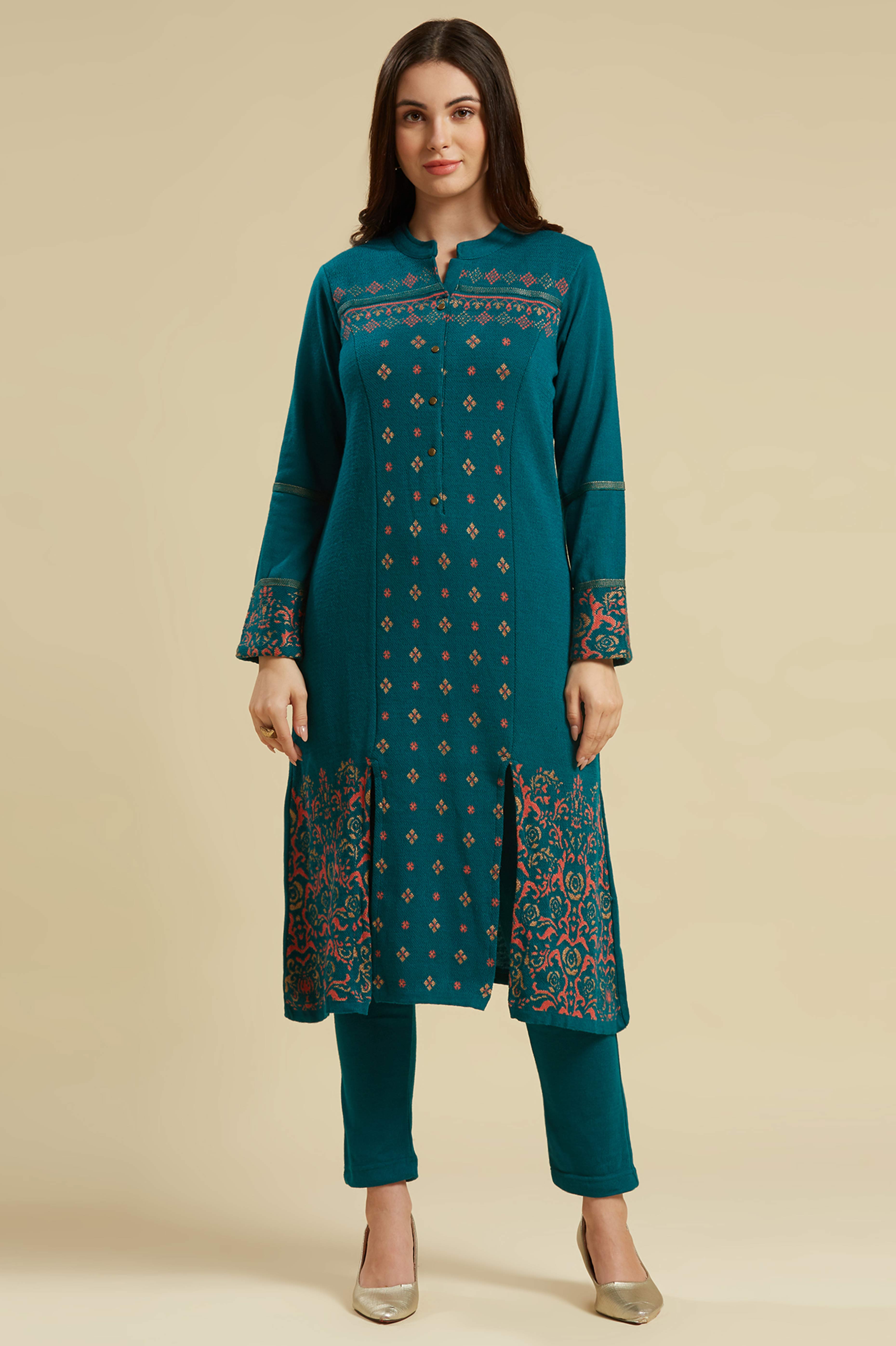 Teal Floral Woolen Top Bottom Set