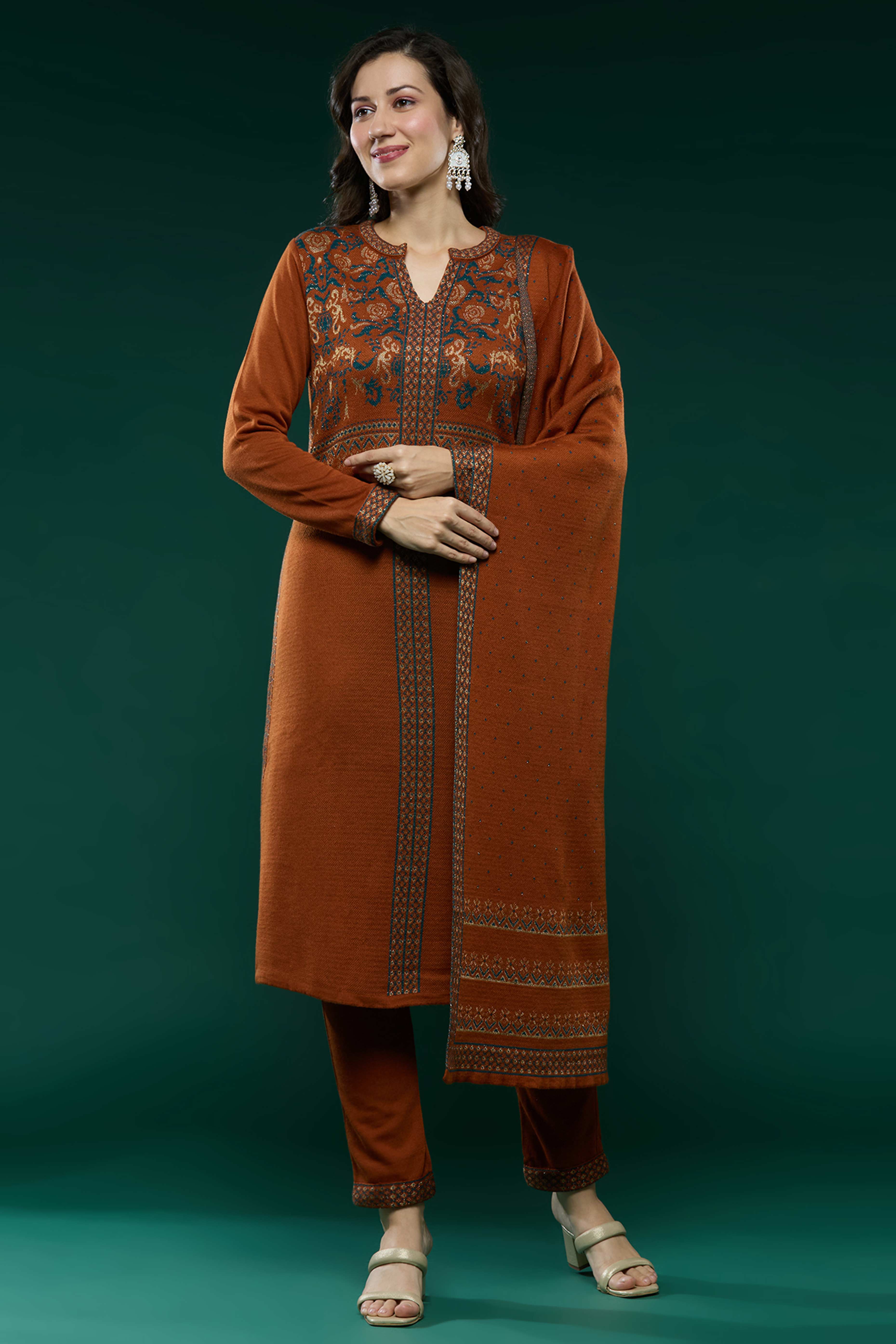 Dark Rust Floral Woolen Salwar Suit