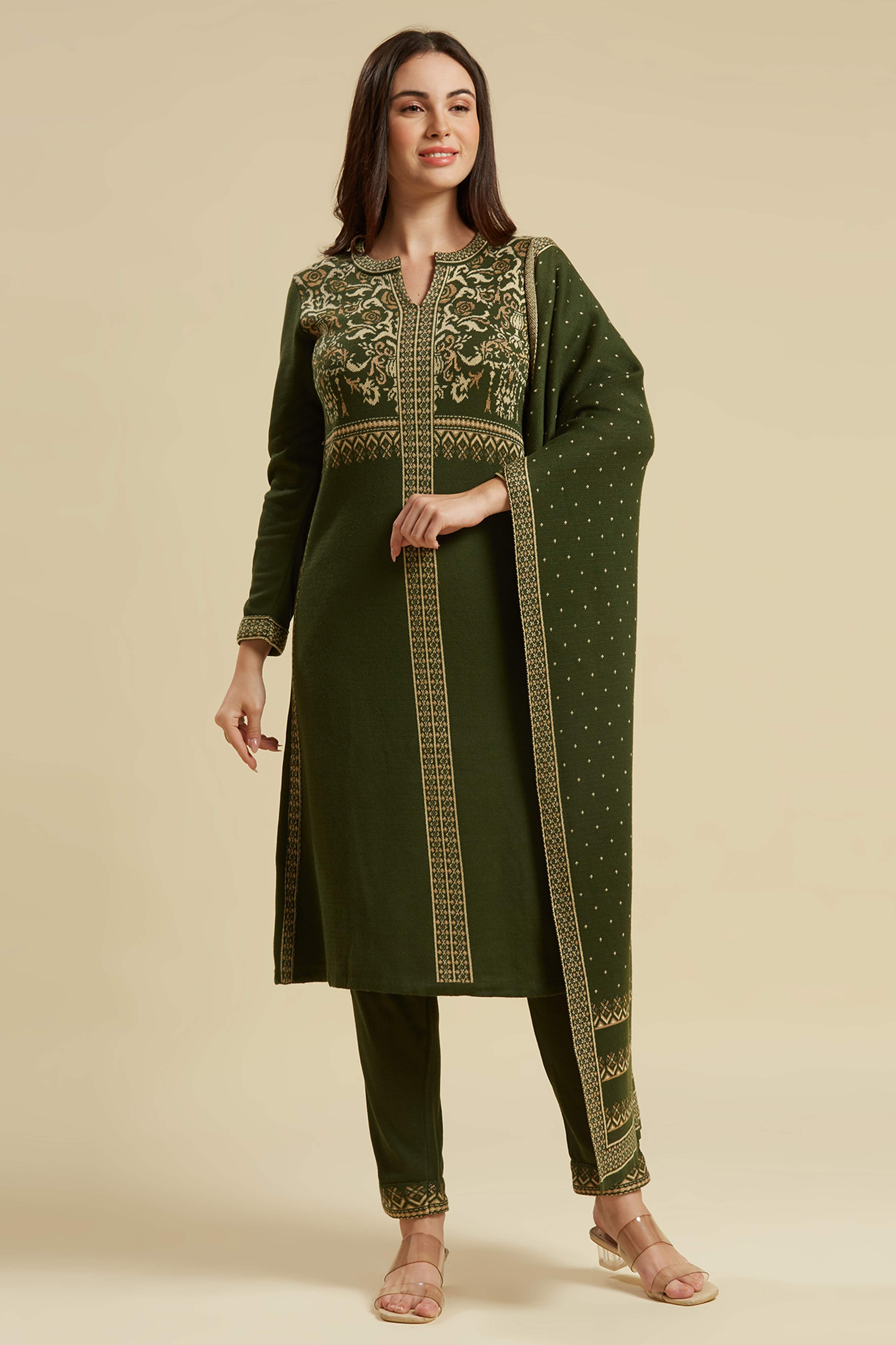 Mehandi Green Floral Woolen Salwar Suit