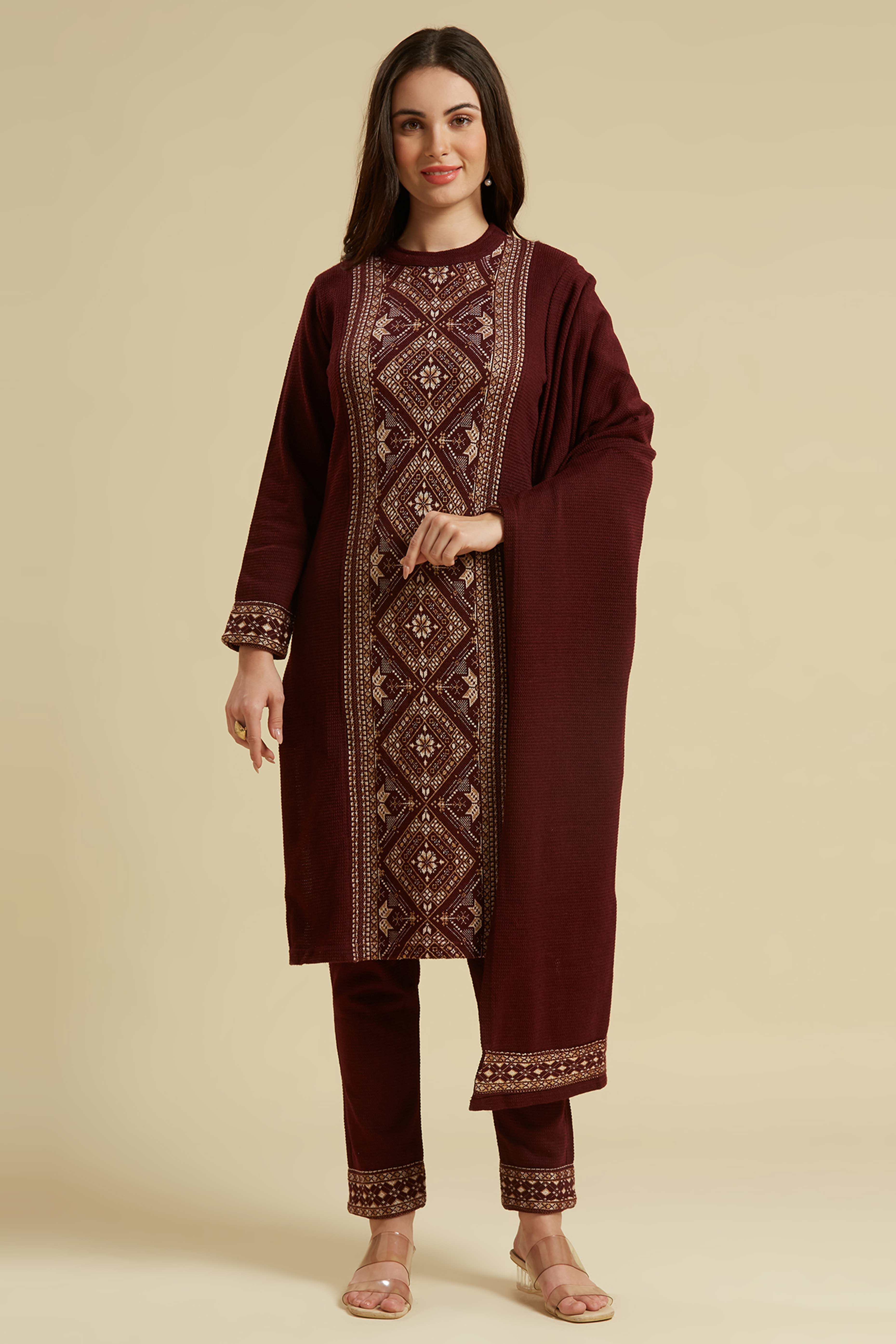 Wine Floral Woolen Salwar Suit