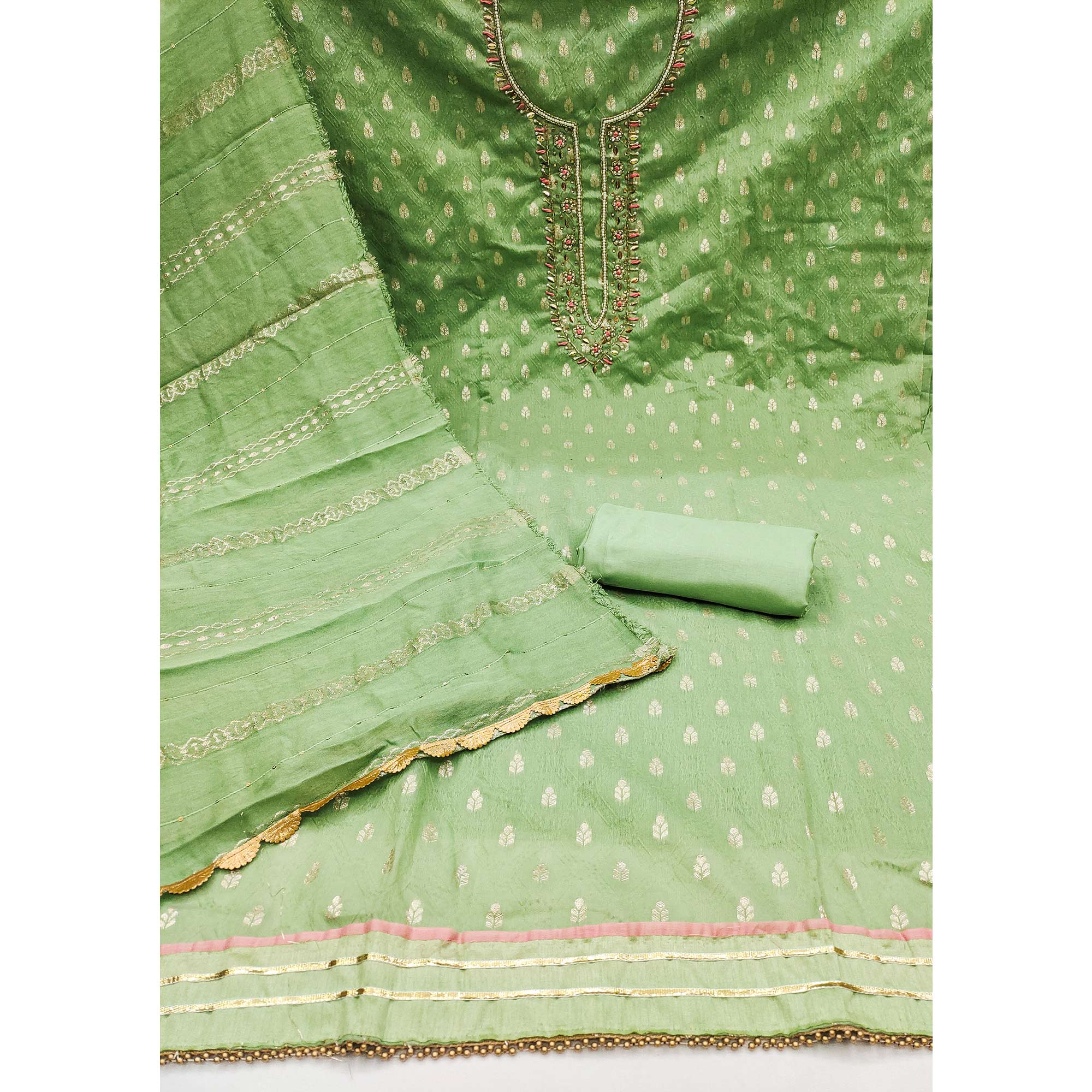 Green Woven With Handwork Jacquard Dress Material