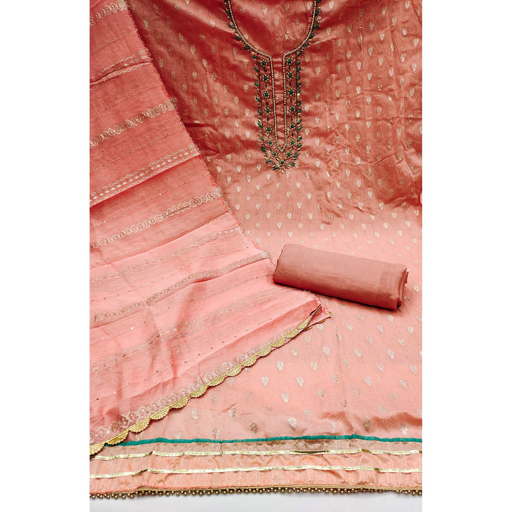 Peach Woven With Handwork Jacquard Dress Material