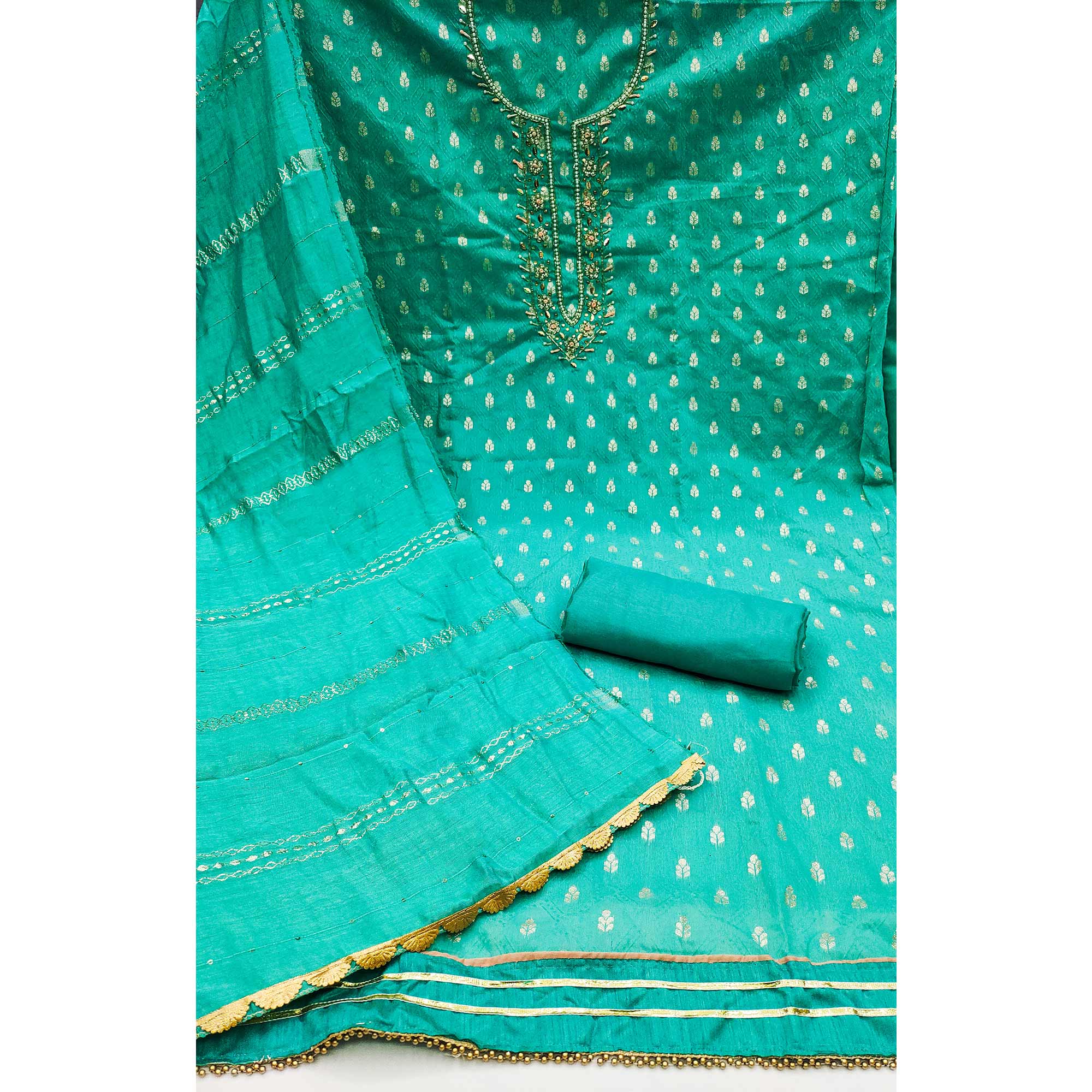 Turquoise Woven With Handwork Jacquard Dress Material