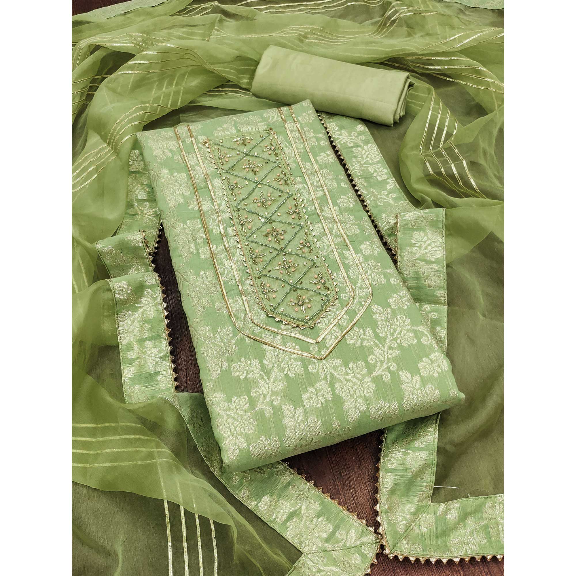 Green Woven With Handwork Jacquard Dress Material