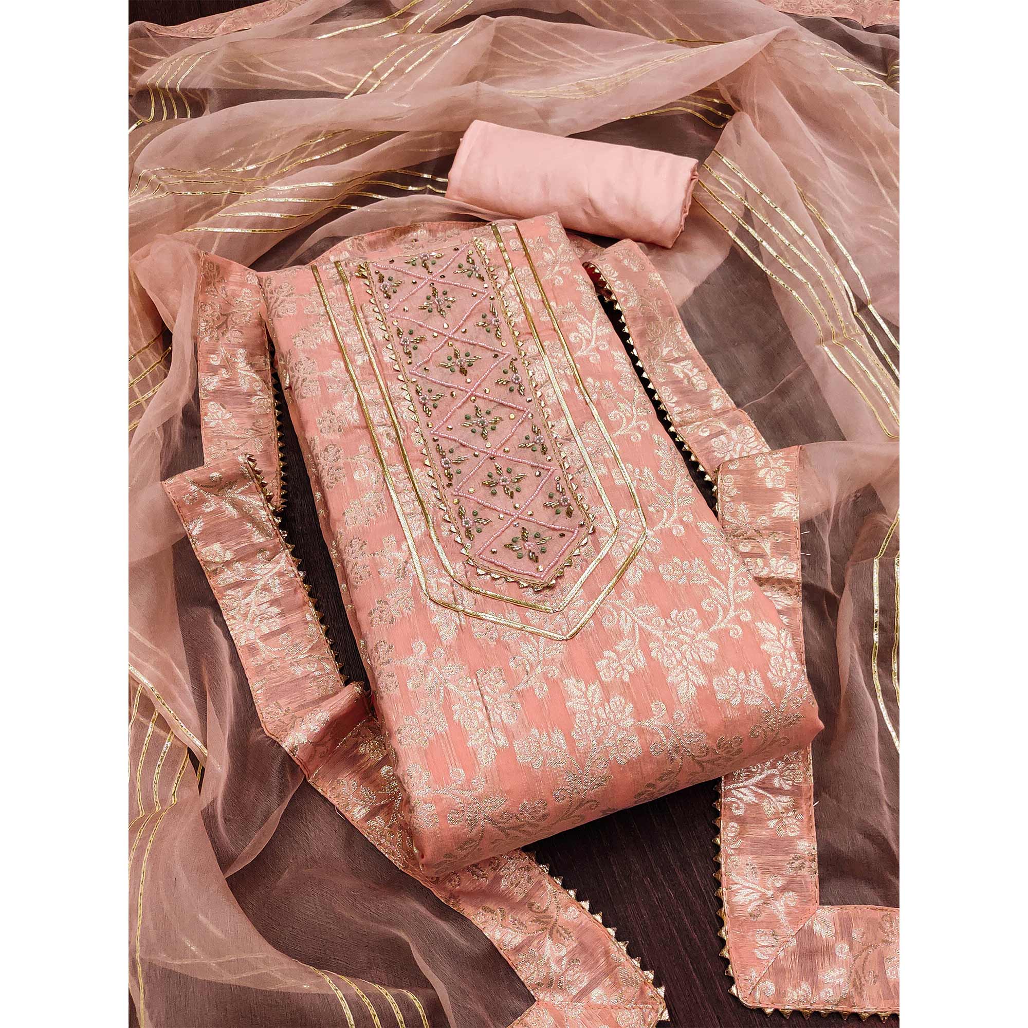 Peach Woven With Handwork Jacquard Dress Material