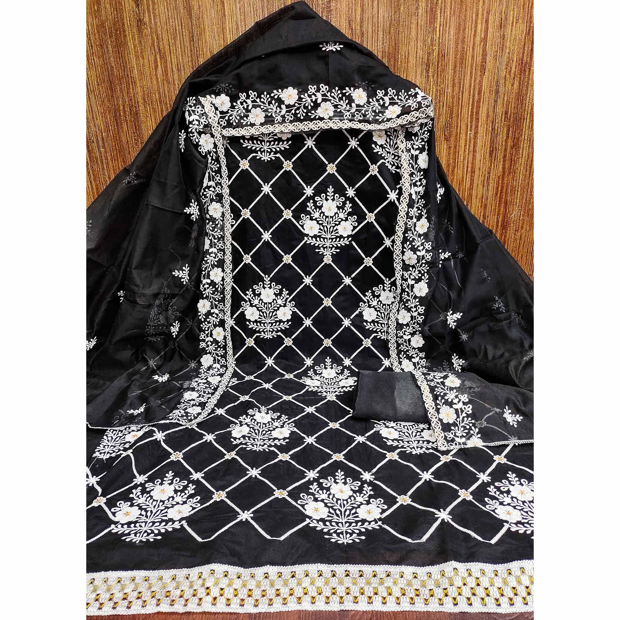 Black Floral Embroidered Chanderi Cotton Dress Material
