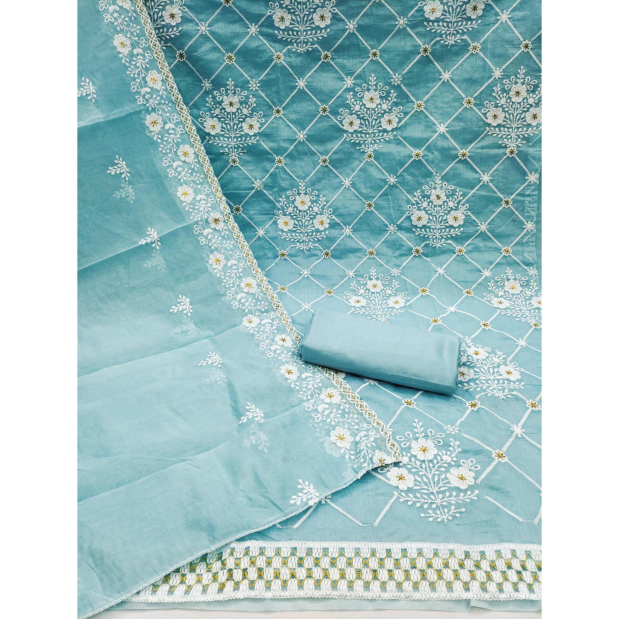 Blue Floral Embroidered Chanderi Cotton Dress Material
