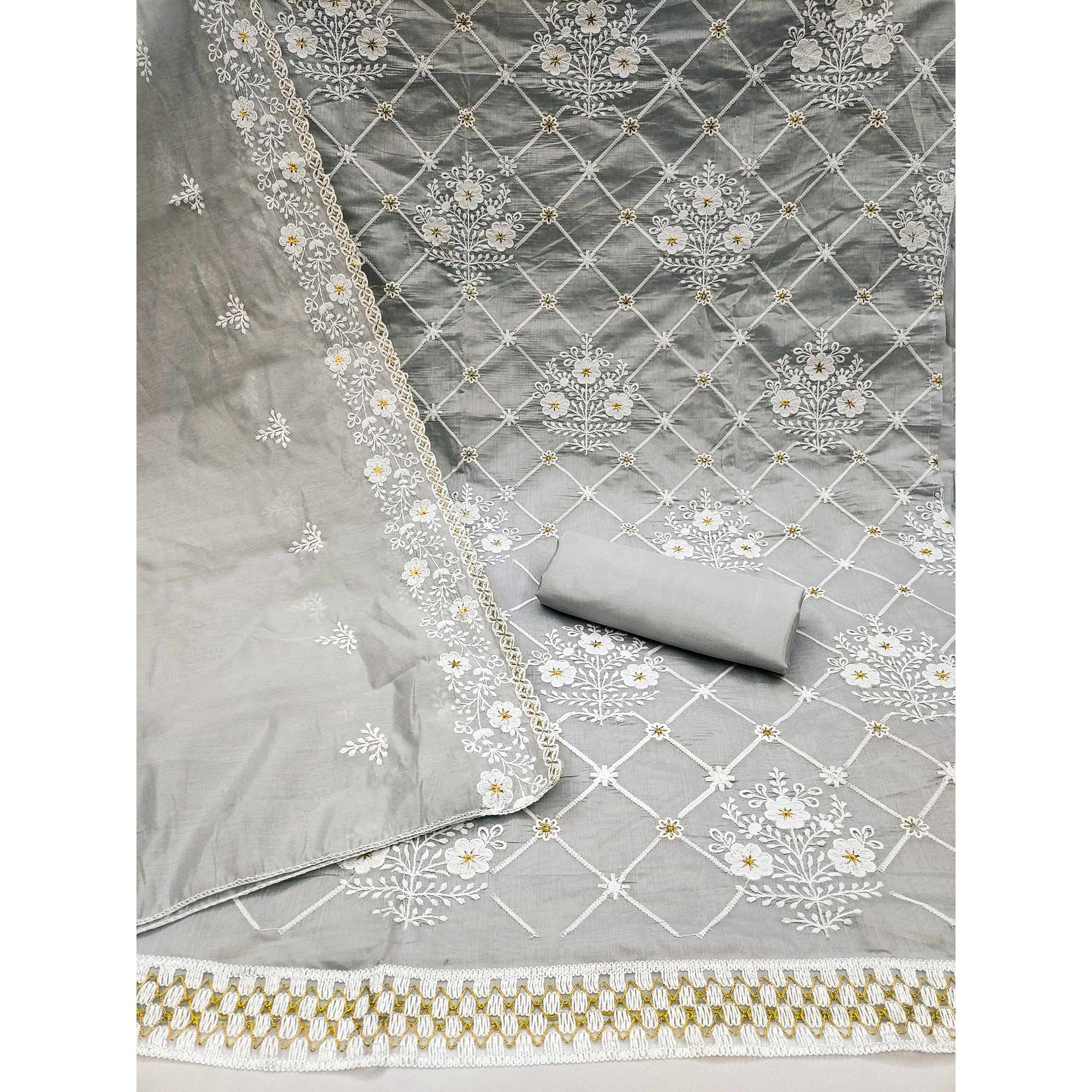 Grey Floral Embroidered Chanderi Cotton Dress Material