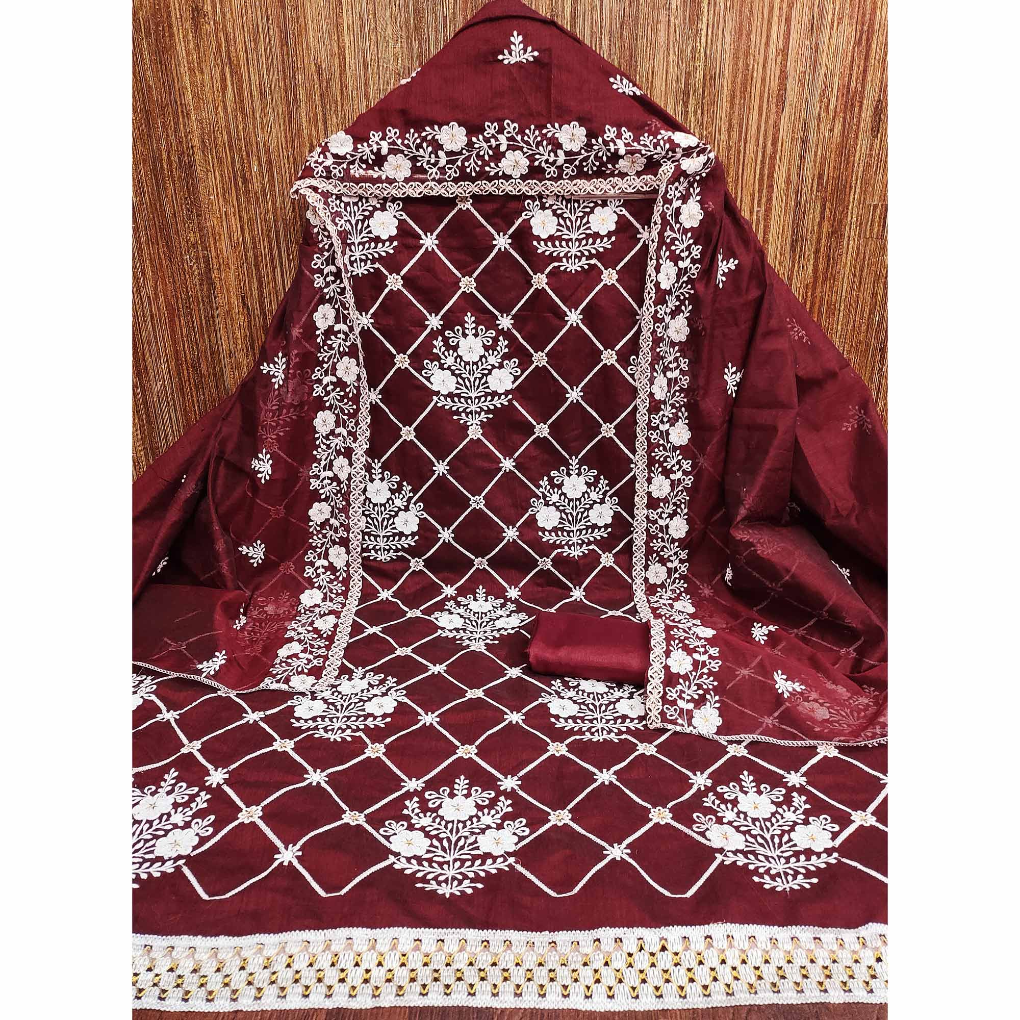 Maroon Floral Embroidered Chanderi Cotton Dress Material