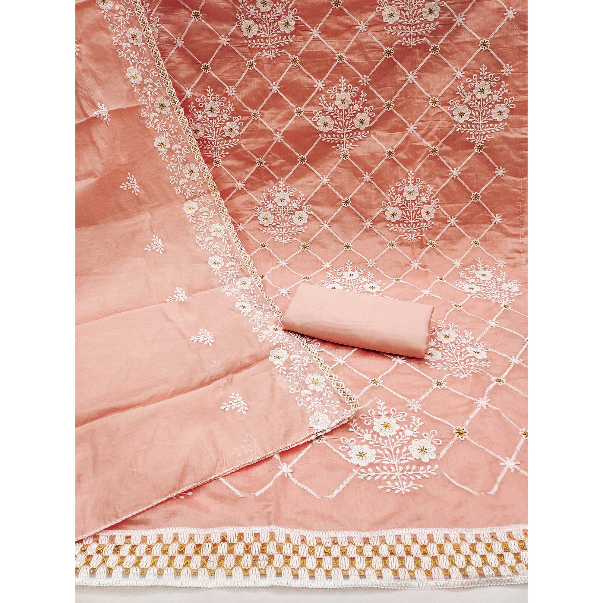 Peach Floral Embroidered Chanderi Cotton Dress Material