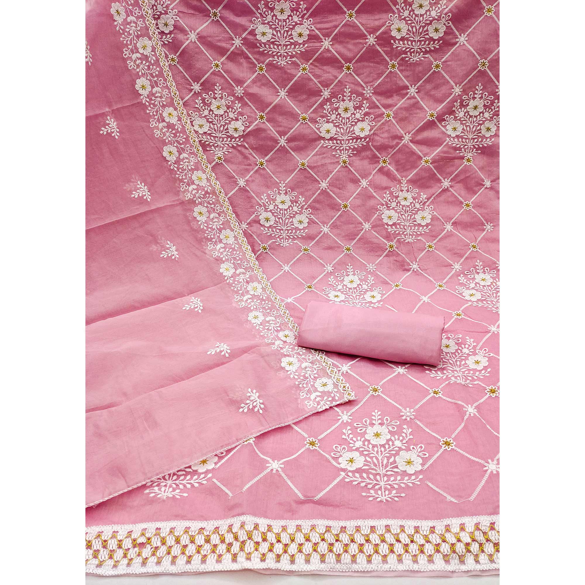 Pink Floral Embroidered Chanderi Cotton Dress Material