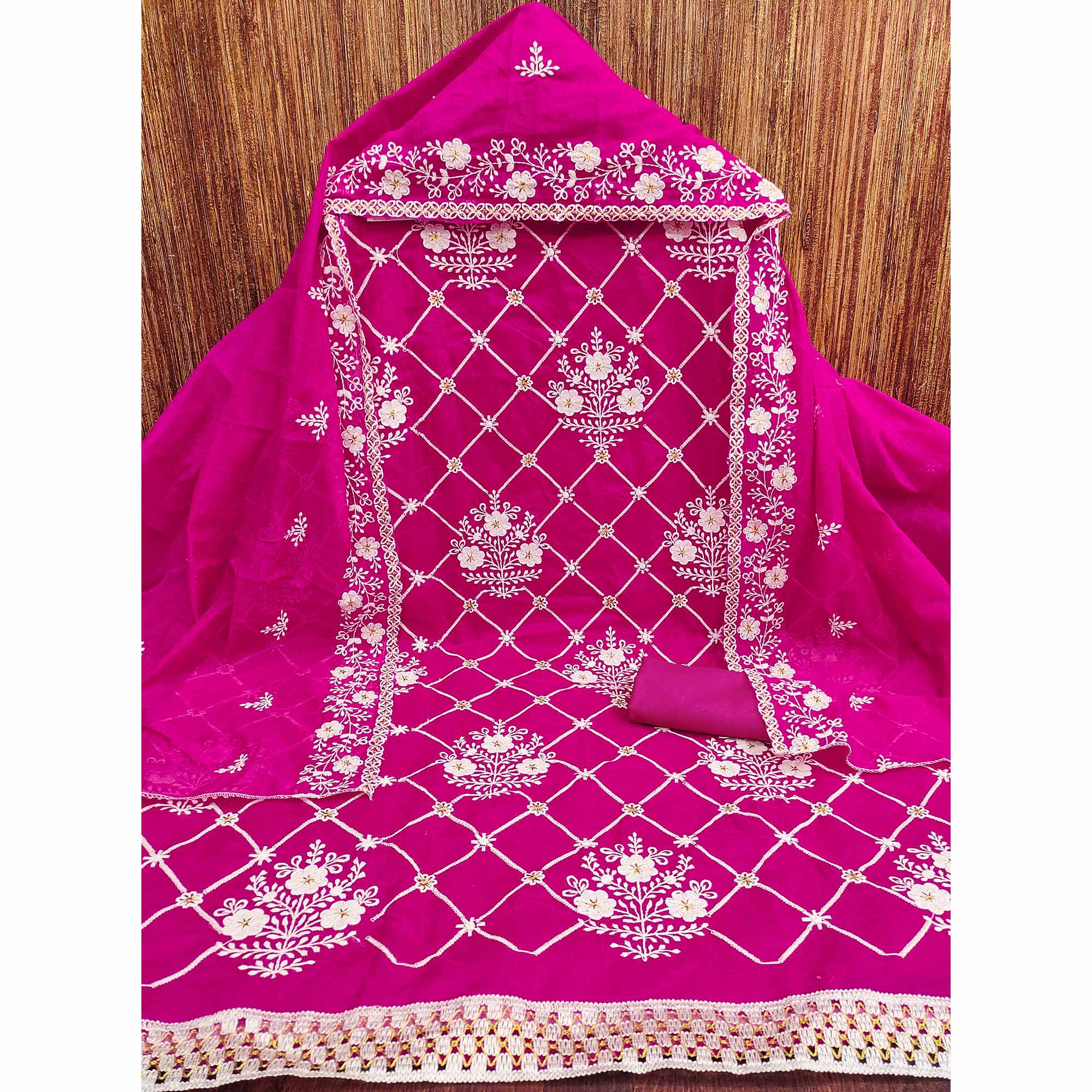 Rani Pink Floral Embroidered Chanderi Cotton Dress Material