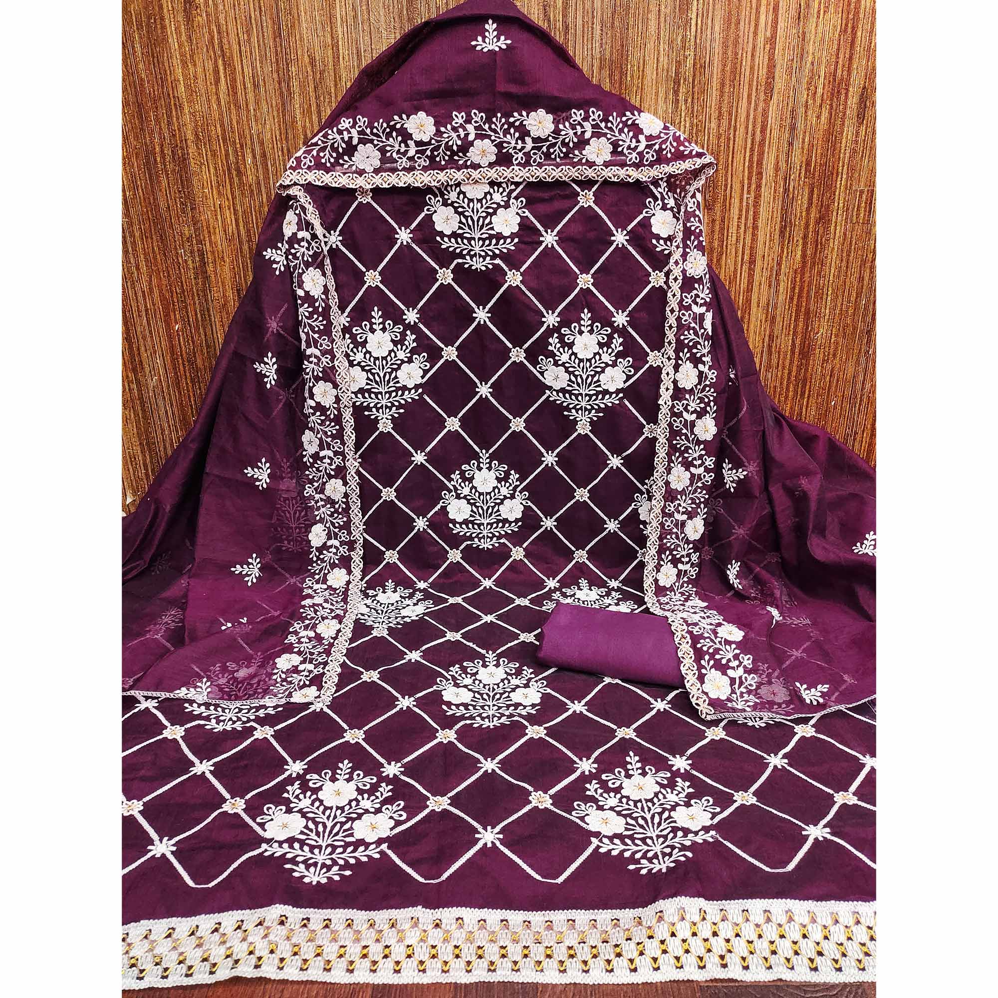Wine Floral Embroidered Chanderi Cotton Dress Material