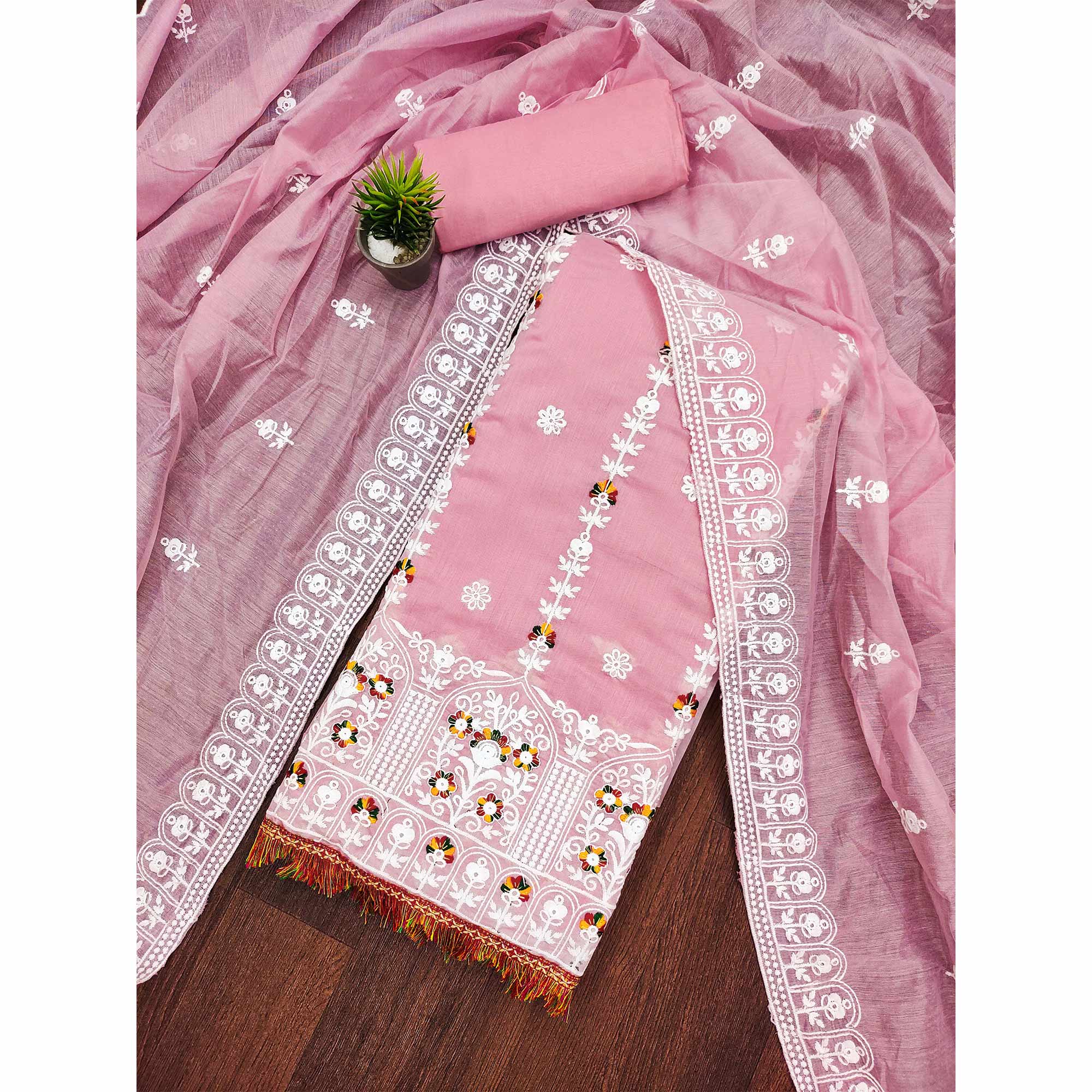 Baby Pink Floral Embroidered Chanderi Cotton Dress Material