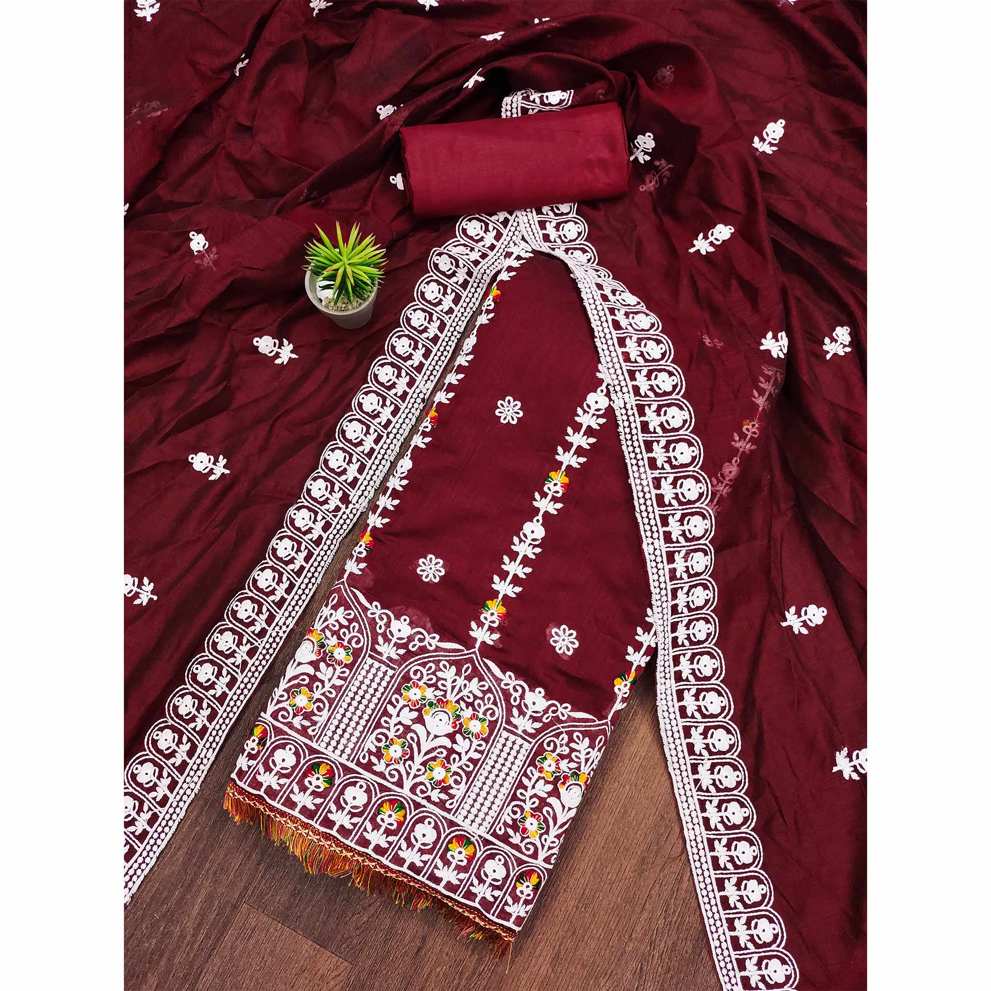 Maroon Floral Embroidered Chanderi Cotton Dress Material