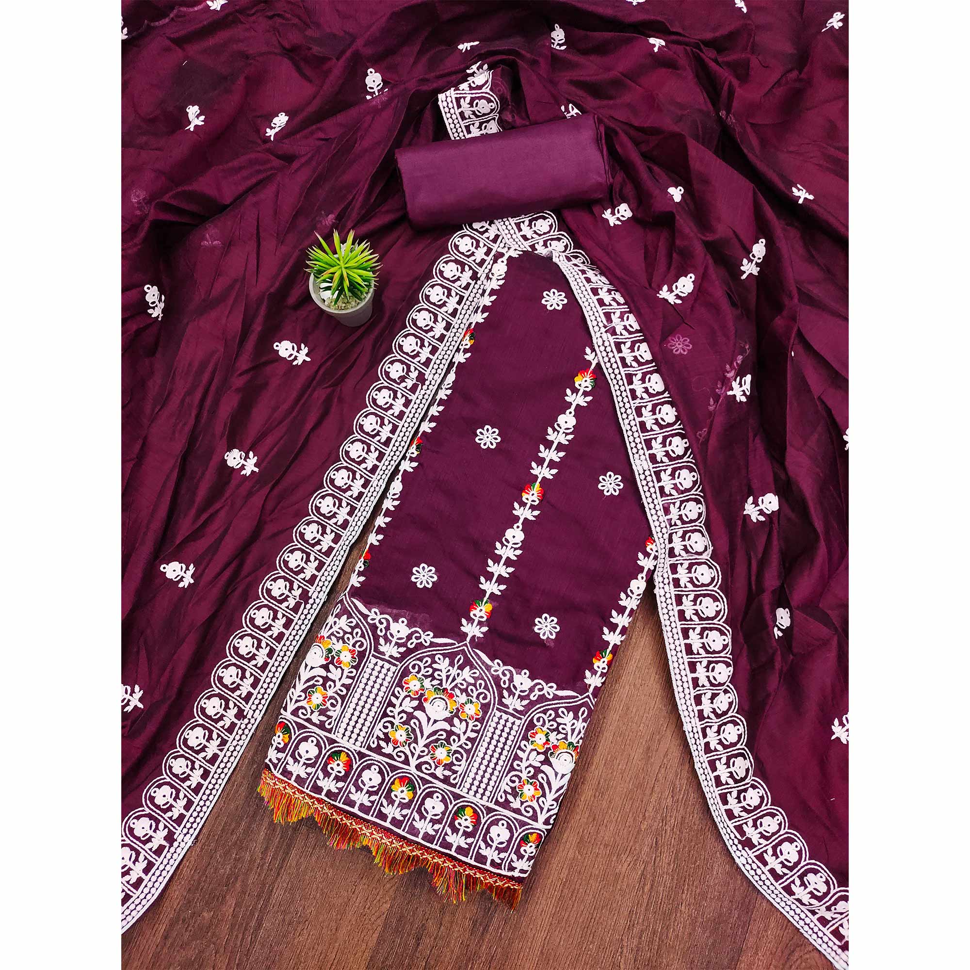 Purple Floral Embroidered Chanderi Cotton Dress Material