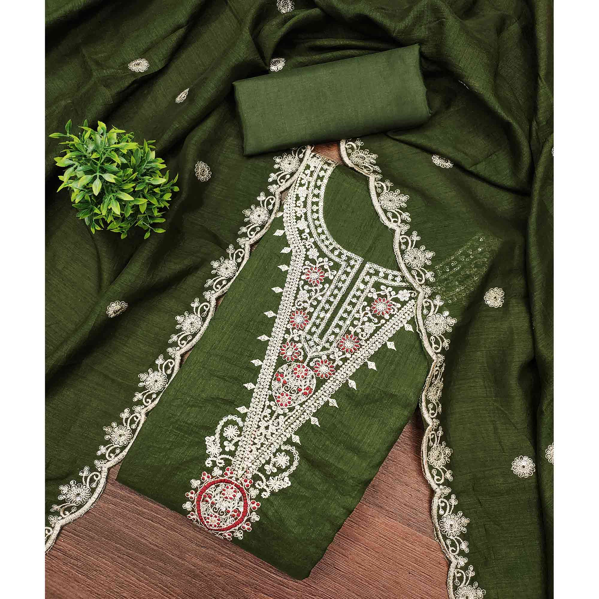 Elegant Green Floral Embroidered Dress Material In Vichitra Silk With Sequins Detailing