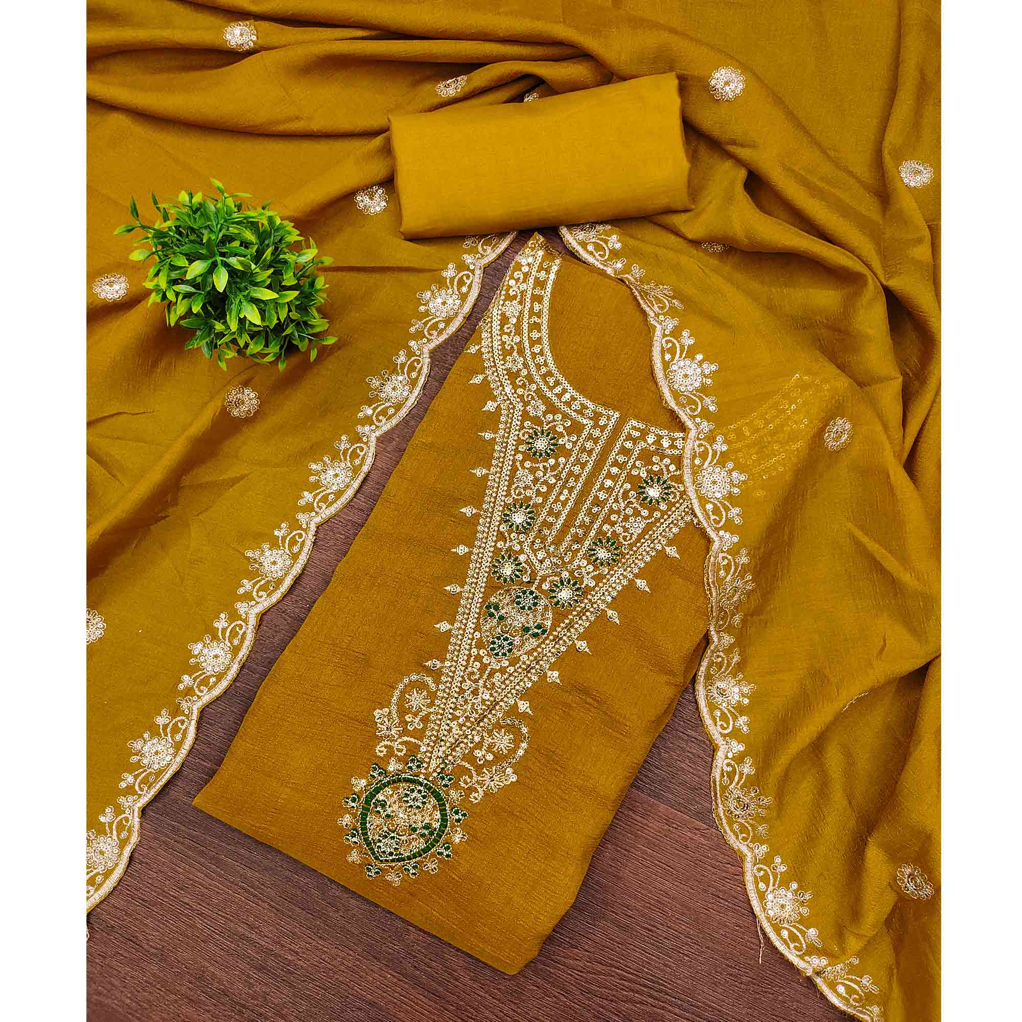 Elegant Mustard Floral Embroidered Dress Material In Vichitra Silk With Sequins Detailing