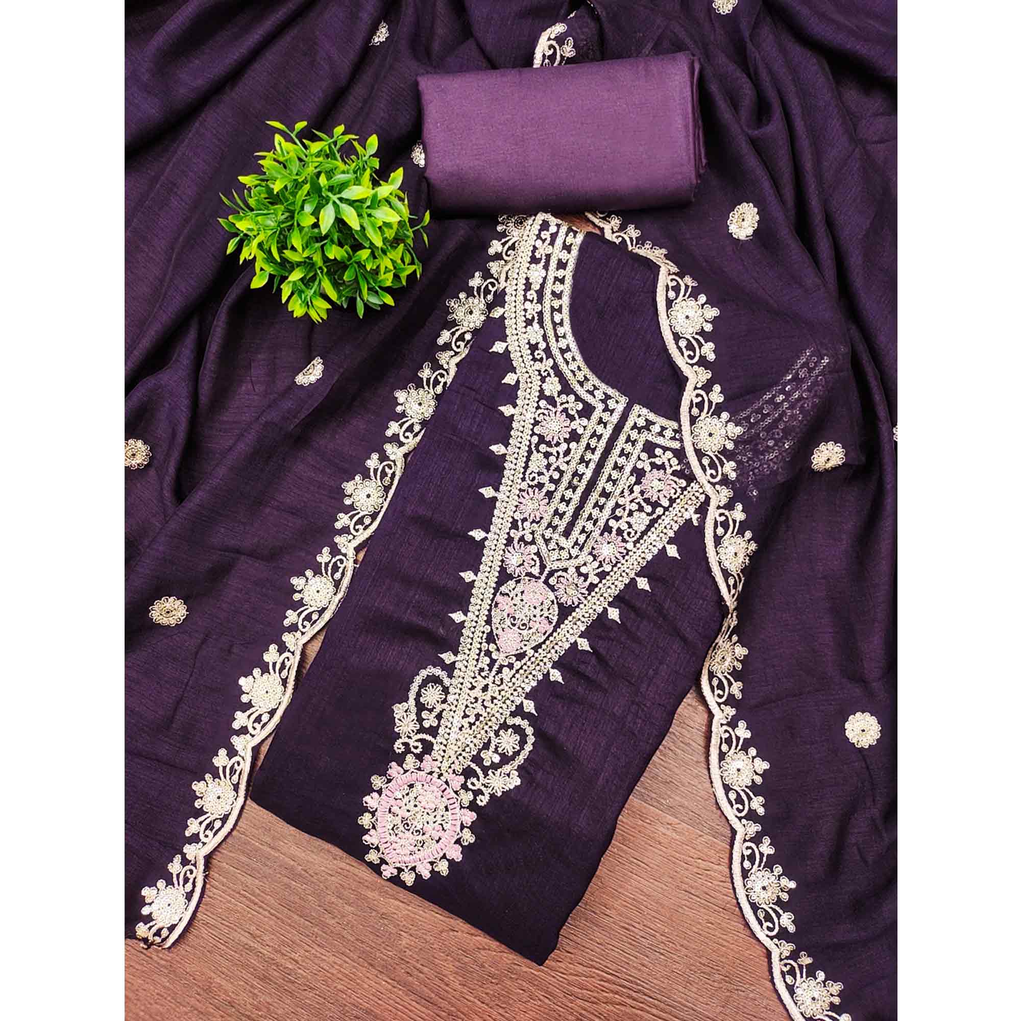 Elegant Purple Floral Embroidered Dress Material In Vichitra Silk With Sequins Detailing