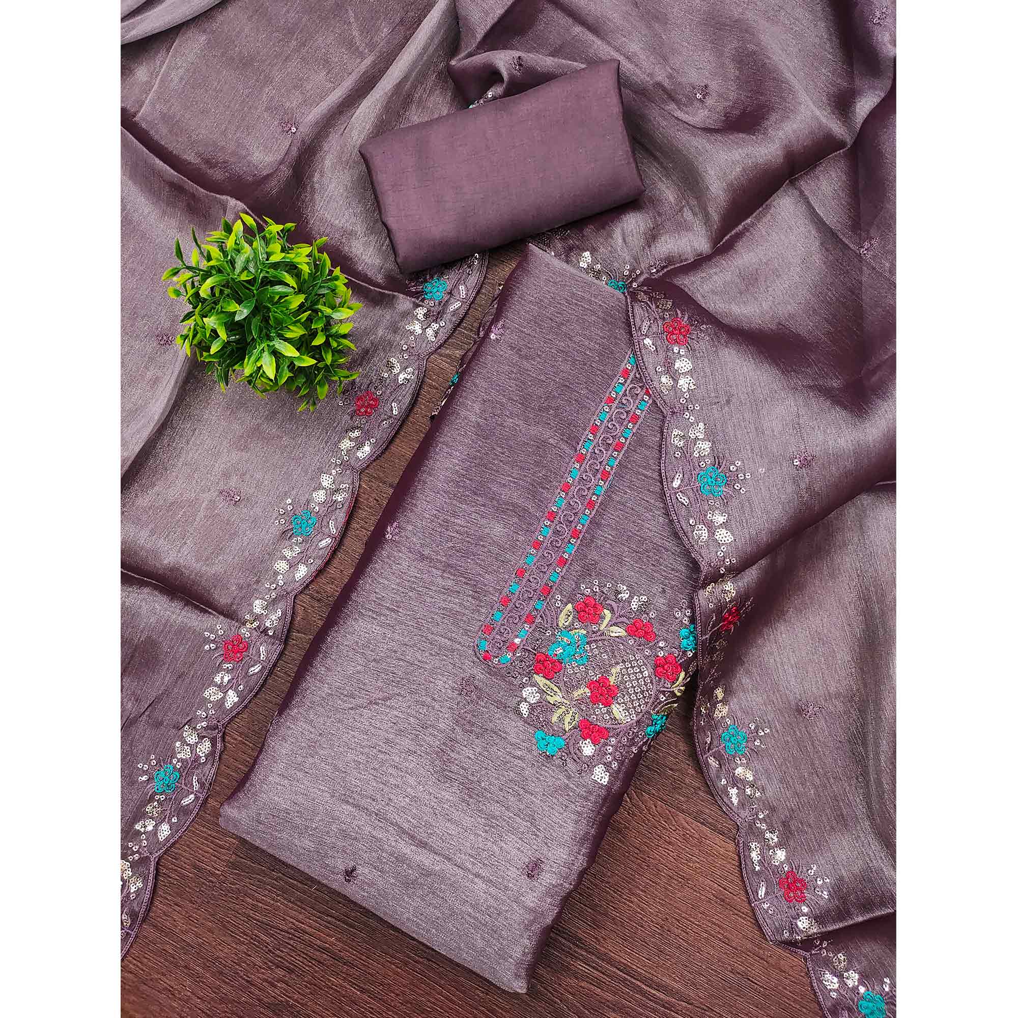 Graceful Lavender Silk Blend Dress Material Featuring Exquisite Floral Embroidery & Sequins Accents