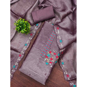 Graceful Lavender Silk Blend Dress Material Featuring Exquisite Floral Embroidery & Sequins Accents