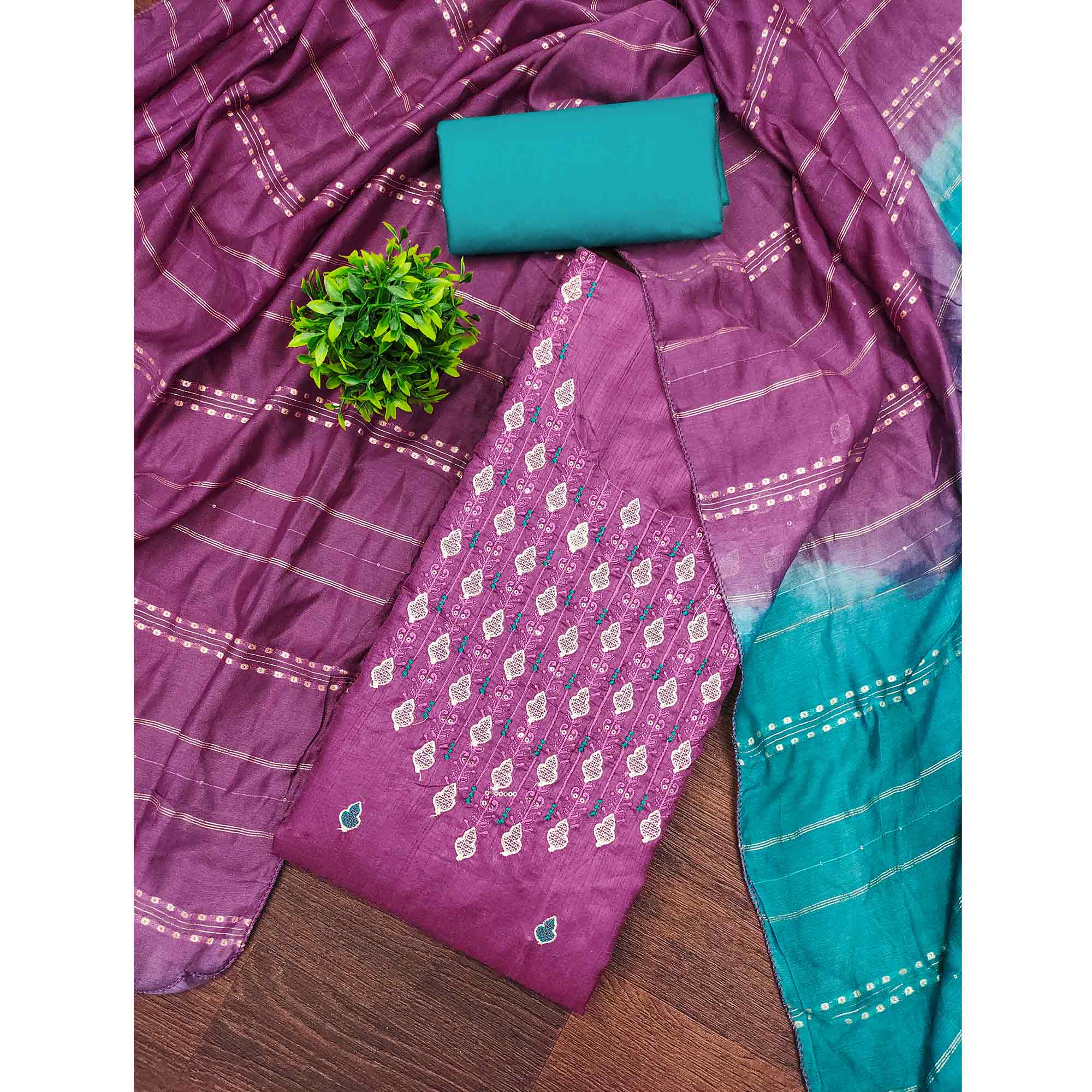 Elegant Dark Magenta Floral Thread & Sequins Embroidered Silk Blend Dress Material