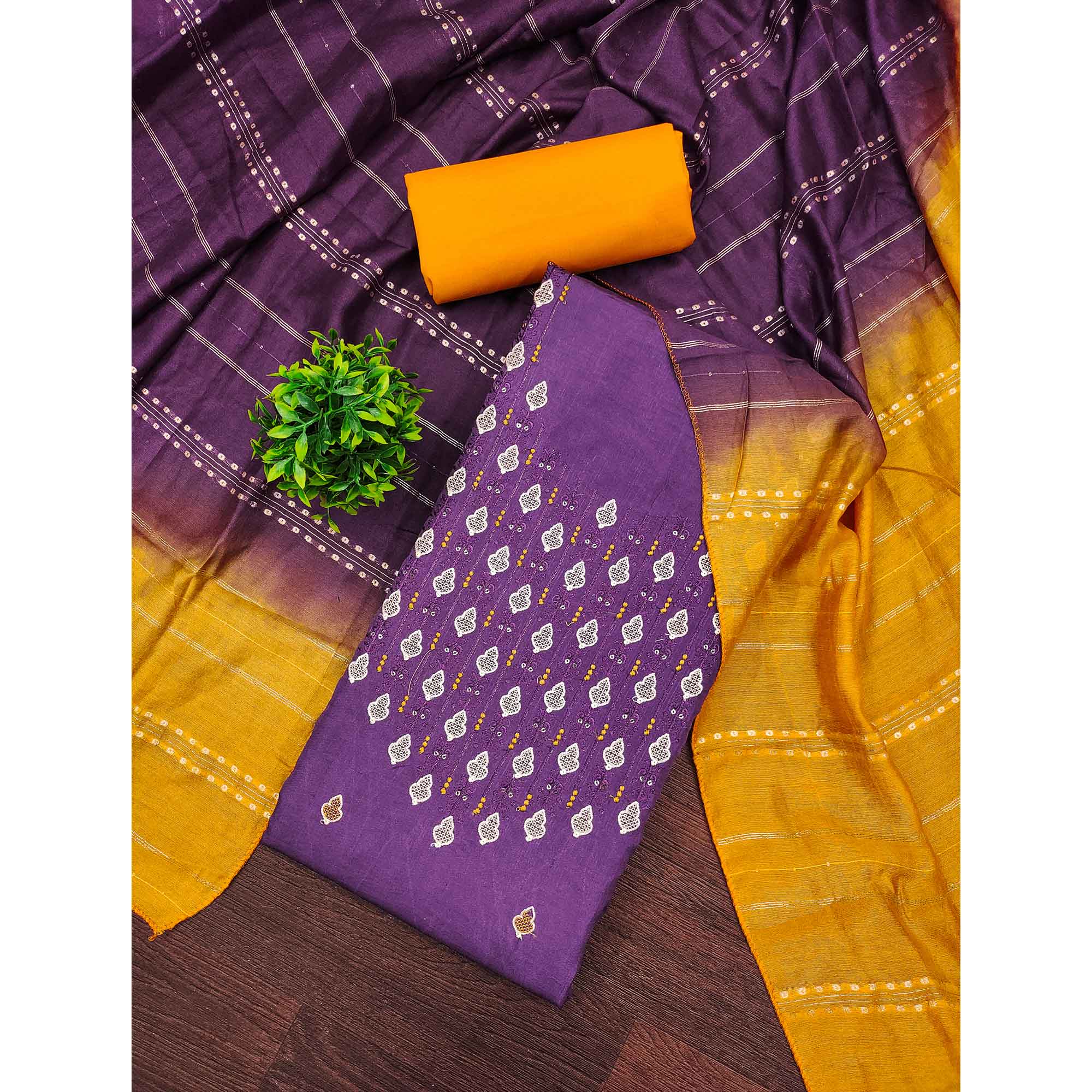 Elegant Purple Floral Thread & Sequins Embroidered Silk Blend Dress Material