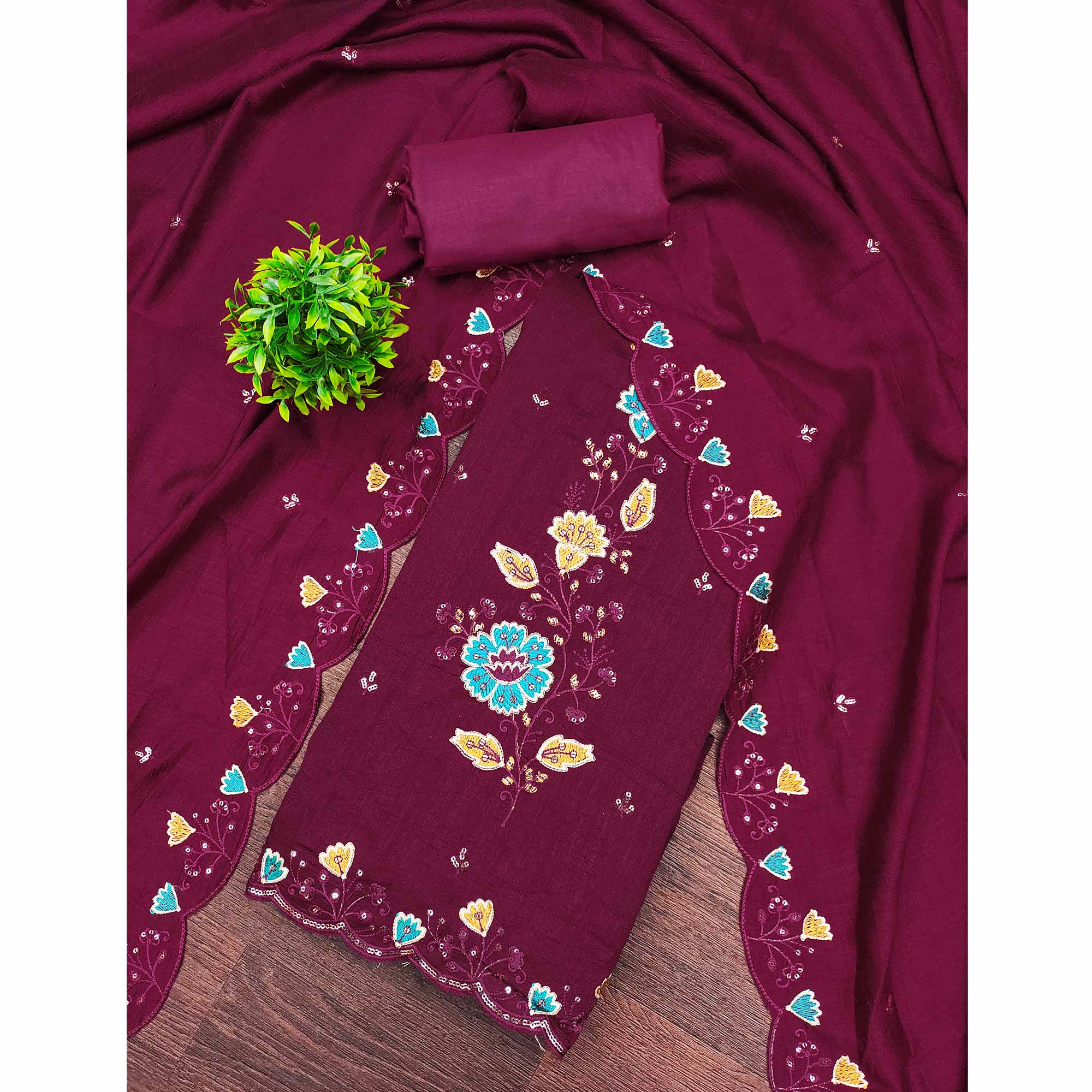 Graceful Wine Vichitra Silk Dress Material Adorned With Floral Thread Embroidery & Sequins Work