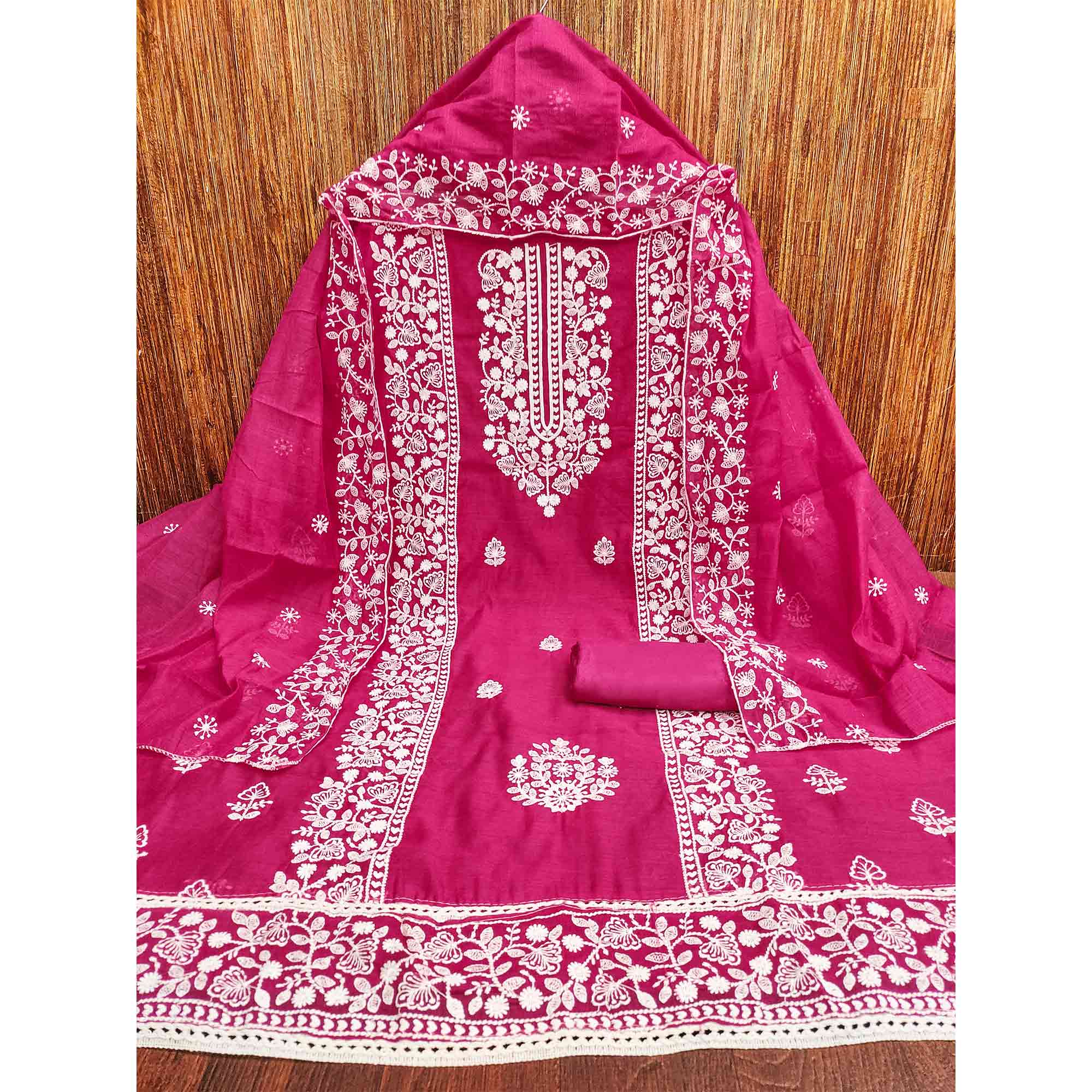 Dark Pink Cotton Blend Unstitched Suit Set Highlighted with Soft Floral Embroidery