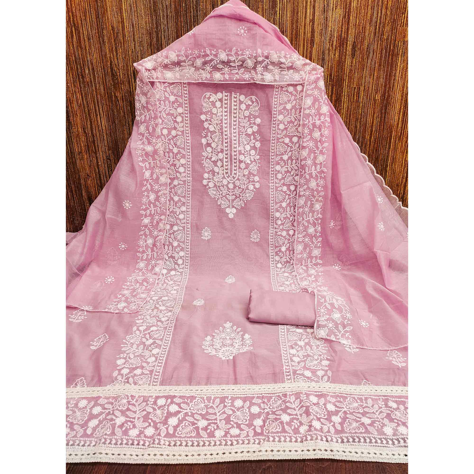 Light Pink Cotton Blend Unstitched Suit Set Highlighted with Soft Floral Embroidery