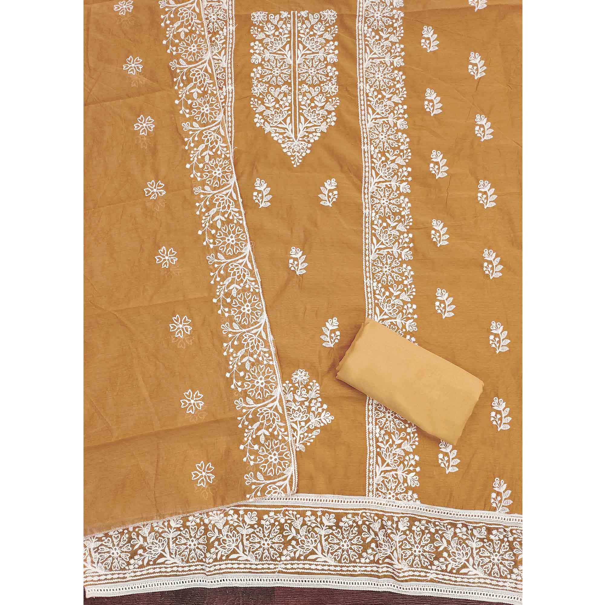 Beige Cotton Blend Unstitched Suit Material with Soft Floral Embroidery Work