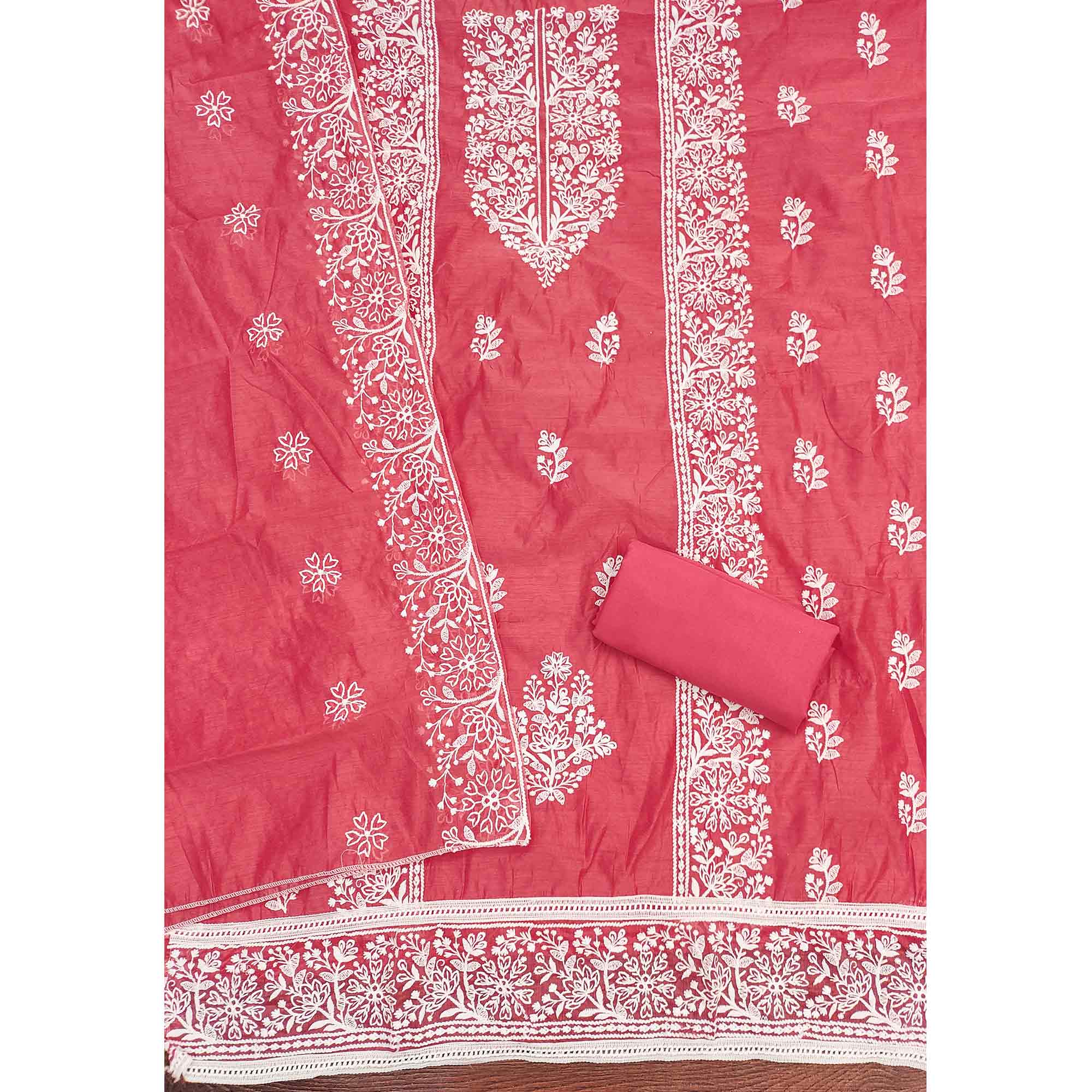 Gajri Pink Cotton Blend Unstitched Suit Material with Soft Floral Embroidery Work